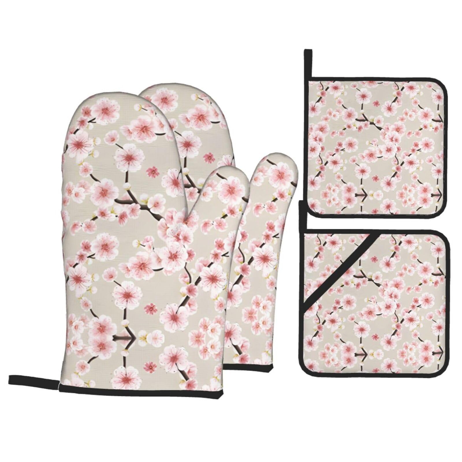 WHJSSF Pink cherry blossoms Prints 4-Piece Waterproof Oven Throws & Heat Resistant Pot Covers – Durable Kitchen Layers for Grilling & Baking