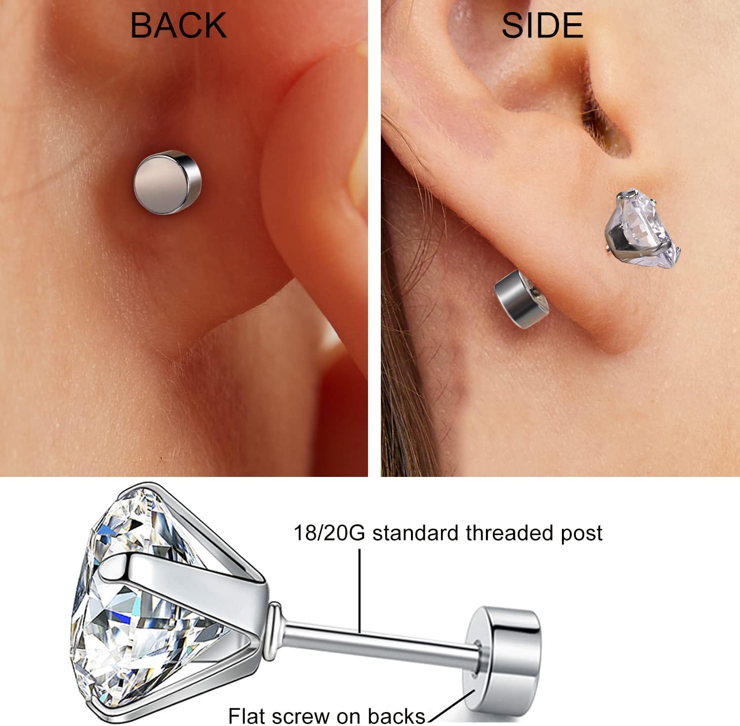 Screw Earring Backs Replacement|6 Pairs 20G/0.8mm and 6 Pairs 18G/1mm FlatBacks/Ball Back| Stainless Steel Secure Comfortable Screw Backs for Studs(Pack of 12)