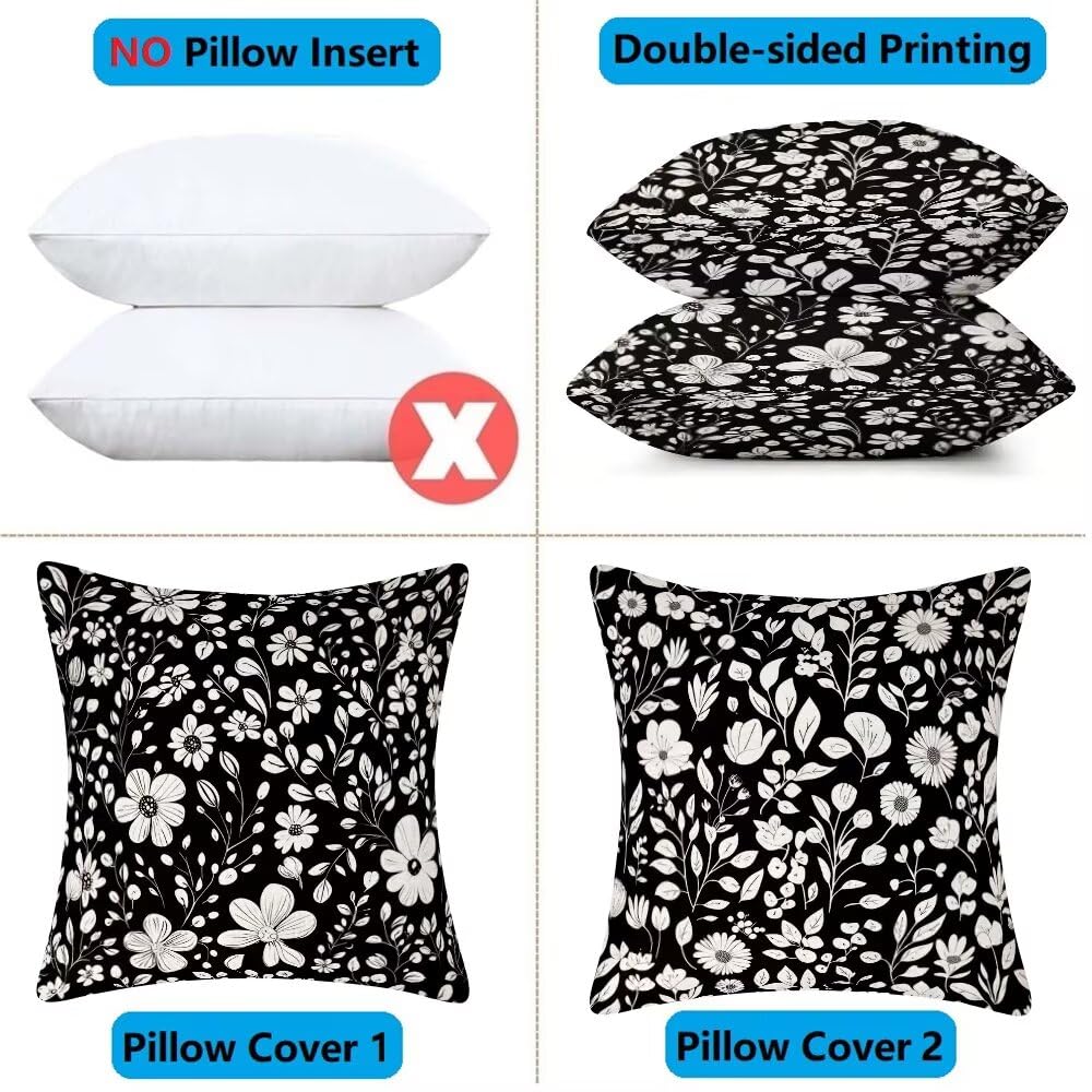 Federe Cuscini da Esterno Impermeabili 65x65 Bianco e Nero Copri Cuscini per Divano Floreale Federa Cuscino Primavera Decorativi Copricuscini per Divano Giardino Patio Soggiorno Set di 2 (IU197)