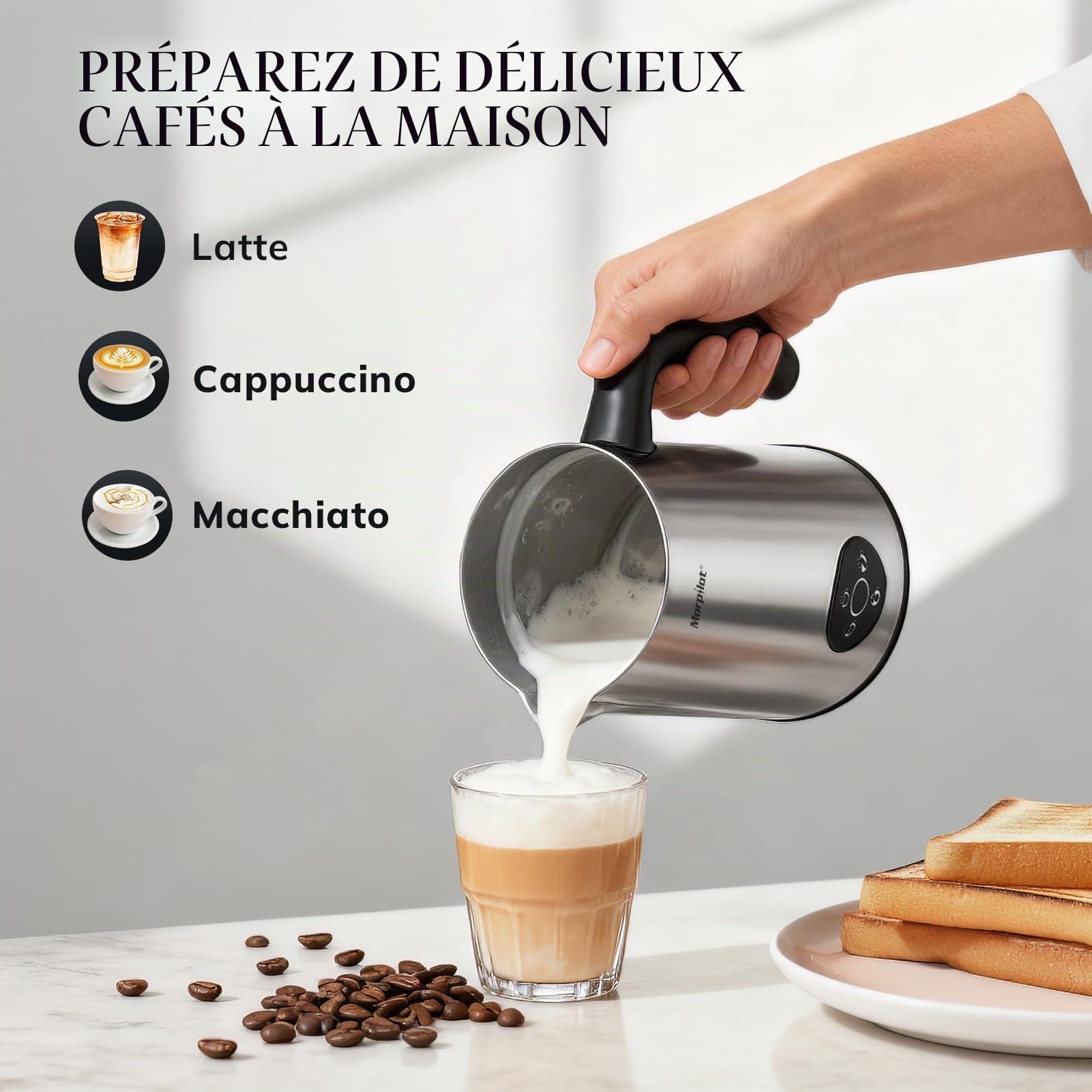 Morpilot Mousseur à Lait Électrique 4 en 1 Mousse Chaude & Froide, 300ml Chauffe-Lait en Acier Inox avec Revêtement Antiadhésif pour Latte Cappuccino Macchiato Chocolat