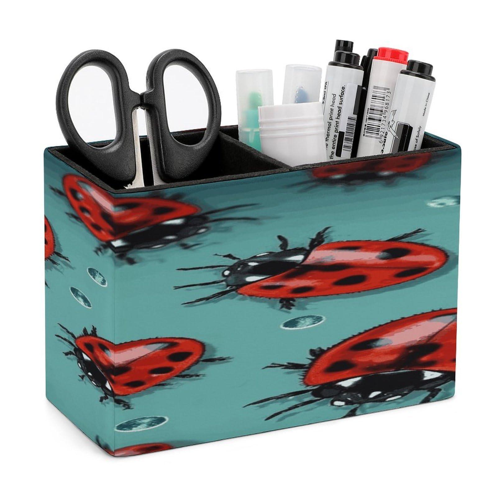 LDGSUPH Red Ladybugs On A Blue Background Leather Pen Holder for Desk Organizer Caddy Large Pencil Cup Multi-function Pencil Holder Makeup Brush Holders Pen Organizer for Home Office Storage Box
