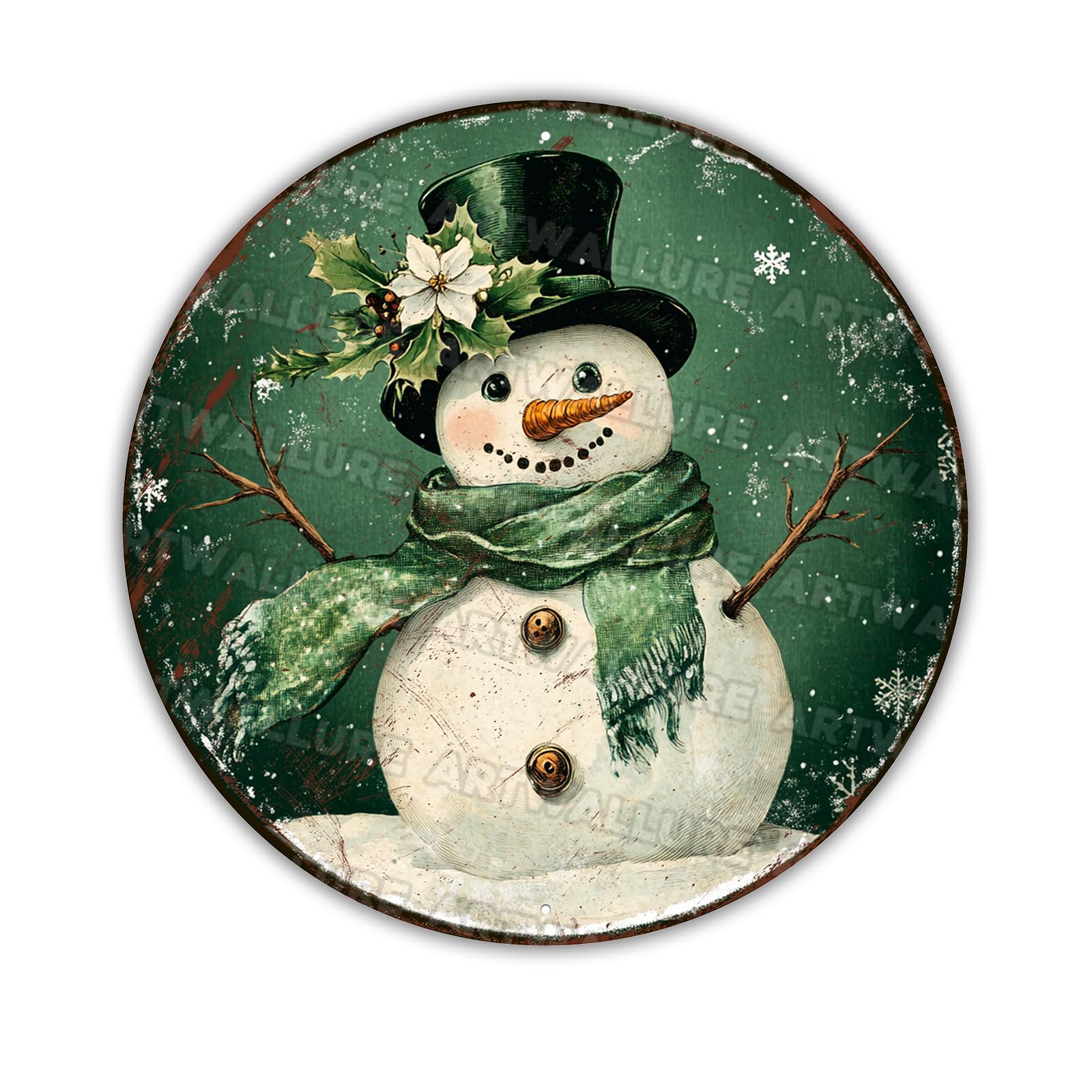 Green Snowman Wreath Sign - Round Christmas Aluminum Wall Decor, for Indoor Outdoor Use in Living Room, Kitchen, Porch 8x8Inch