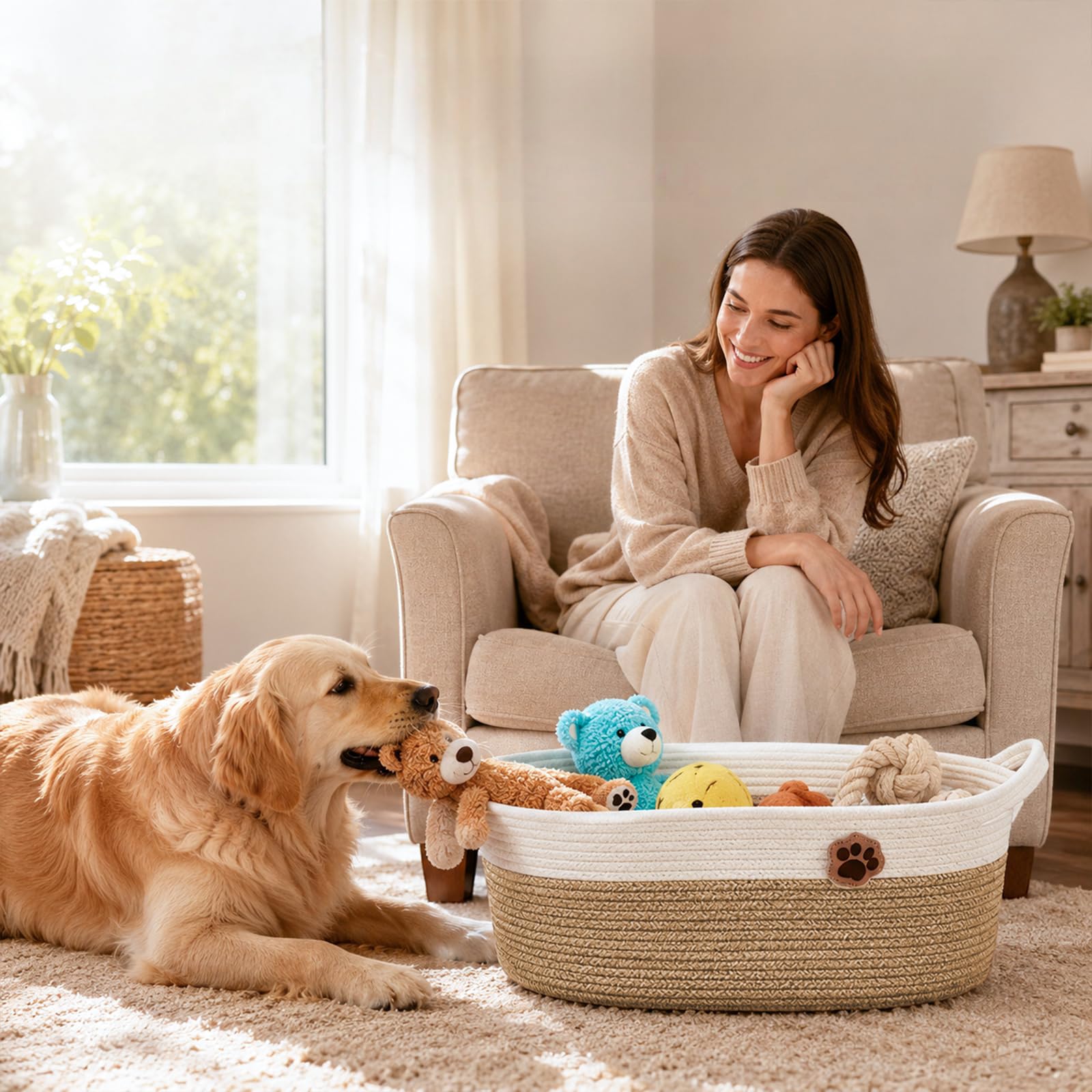 Cesto Intrecciato da 30L, Organizer per Accessori Cane, Vestiti, Coperte e Casa, Contenitore in Tessuto con Manici 50×20×28 cm Marrone