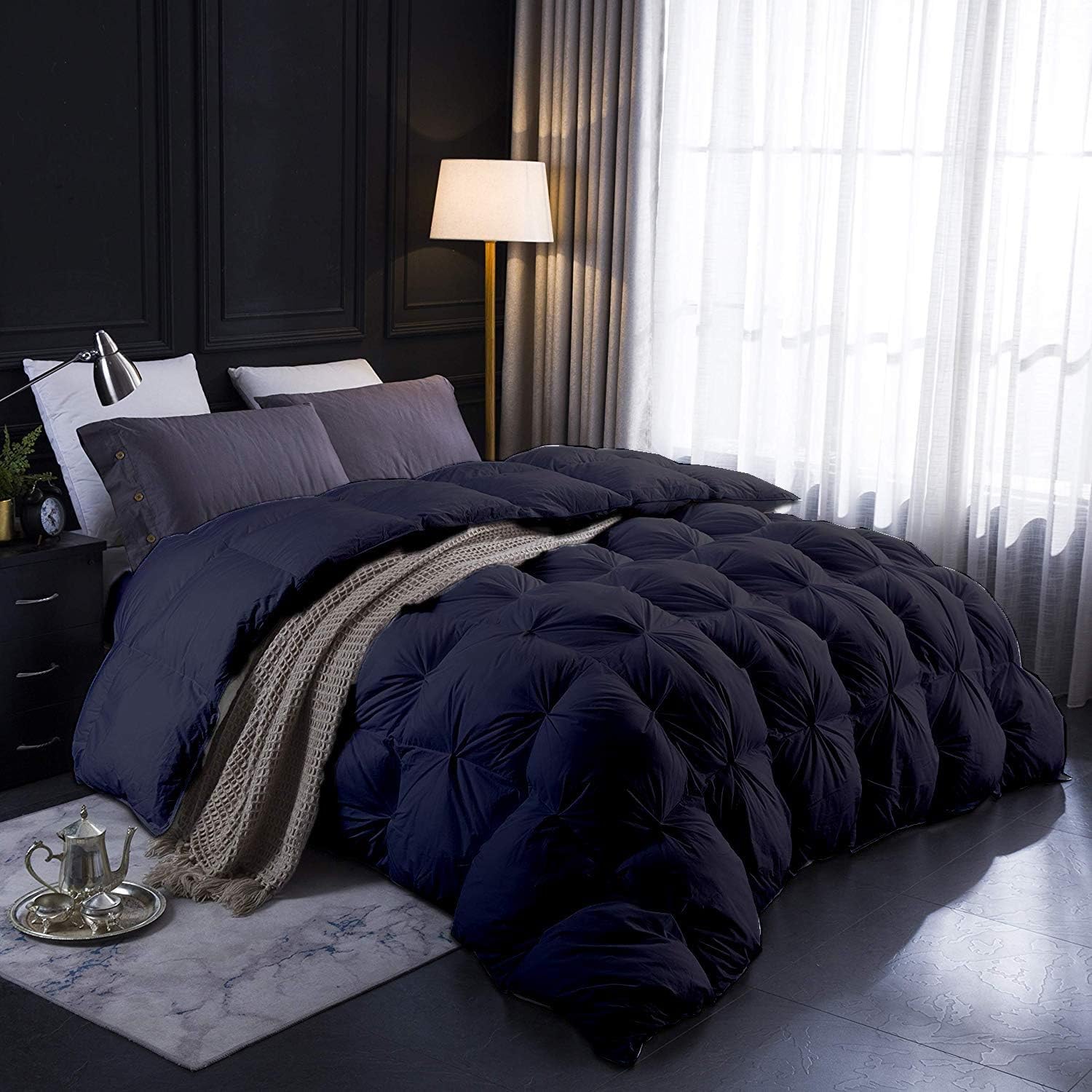 Extra Soft 1500-TC Pinch Pleated Down Comforter Alaskan King Plus 120x136 Inches 1-Piece All-Season Duvet Insert, 850 GSM Micro Fill with All Side Corner Tabs 100% Egyptian Cotton-Black