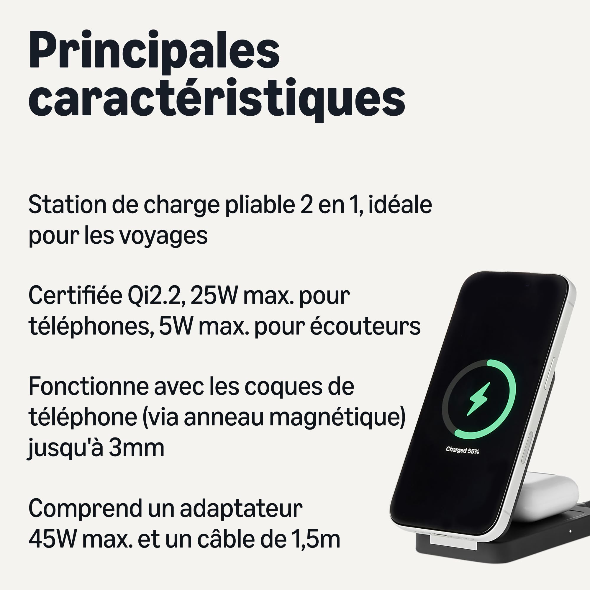 Amazon Basics Station de Recharge sans Fil 2-en-1 Compatible MagSafe, Recharge Rapide 25W Max., Certifiée Qi 2.2, Support Pliable iPhone 17/16/15/14/13/12, AirPods, Adaptateur 45W, Noir