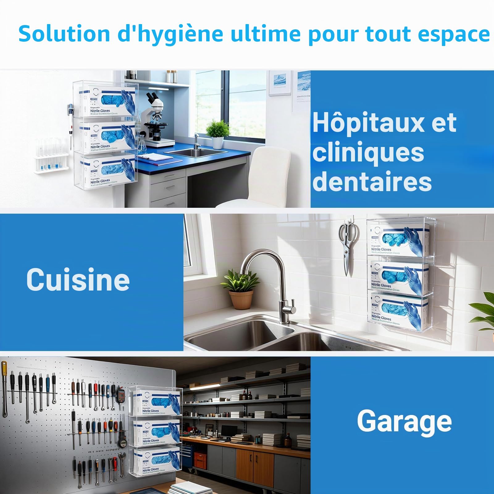 Distributeur de gants mural 3 niveaux - Support en acrylique transparent pour boîtes de gants jetables, idéal pour laboratoires, établissements médicaux et garages - 25,6 x 9 x 41,5 cm