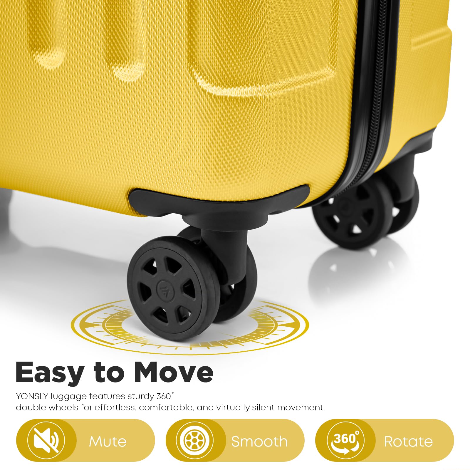 Maleta de Cabina con Ruedas Desmontables, 4 Ruedas Giratorias de 360°, Carcasa Rígida, Cerradura de Combinación, Asa Telescópica (Amarillo, S)