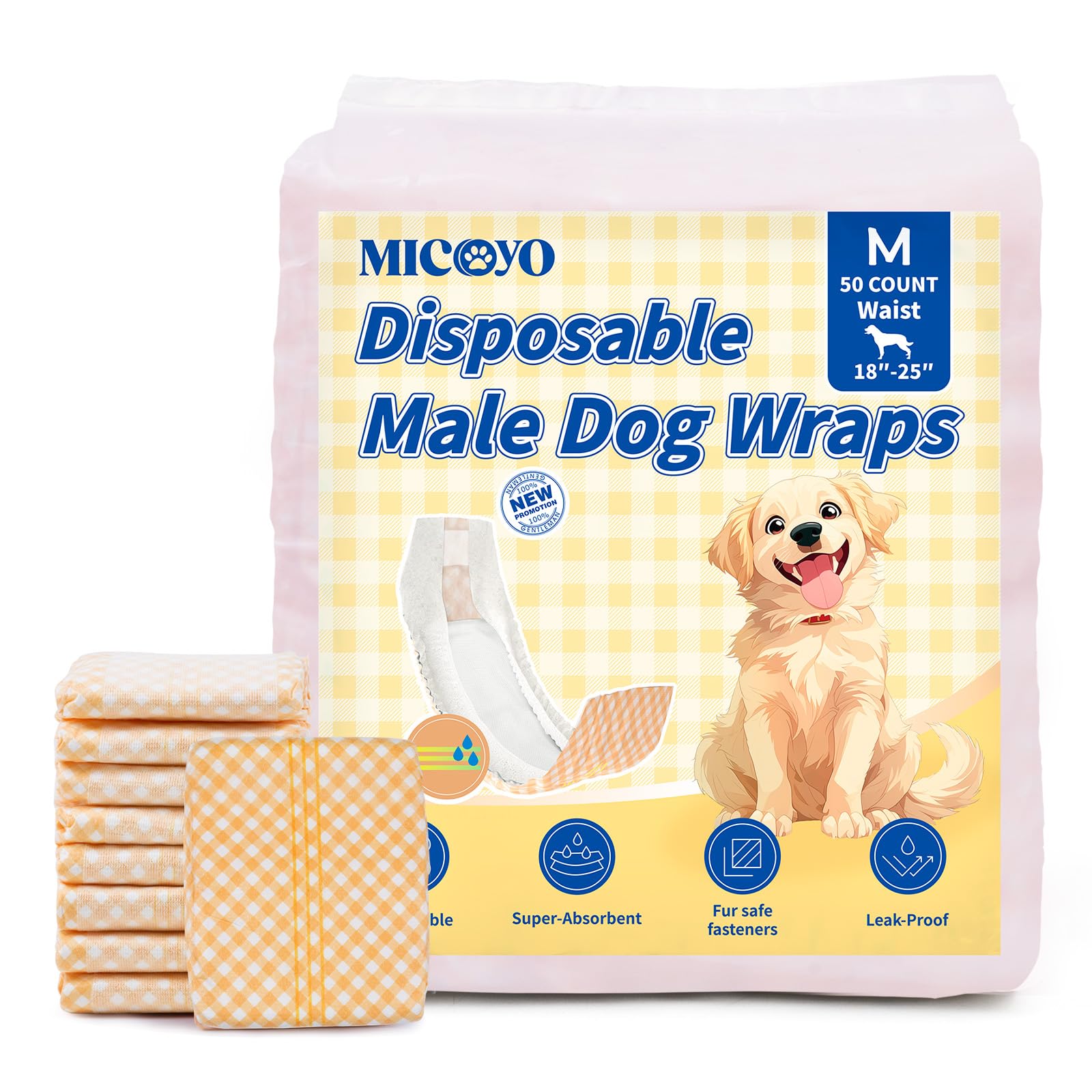MICOOYO - Pannolini usa e getta per cani maschi – Pannolini ad alta assorbenza per incontinenza con indicatore di umidità (M, confezione da 50)