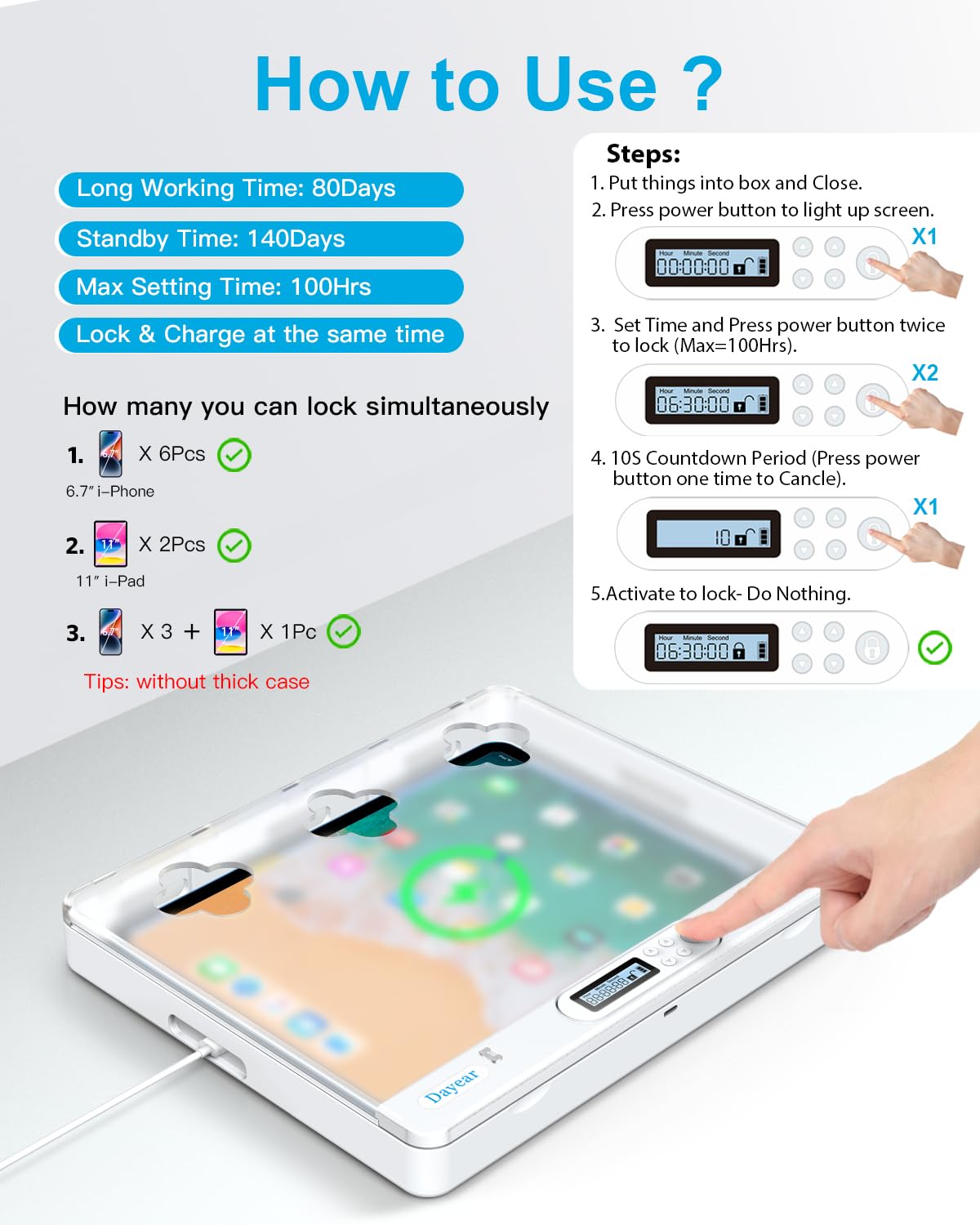 Caja de Bloqueo para Teléfono/Pad con Temporizador, Caja de Casillero para Android Phone/iPhone/iPad, Cárcel Telefónica Timed Lock Box para Que los Niños y Adultos se Concentren Más(Cristal)