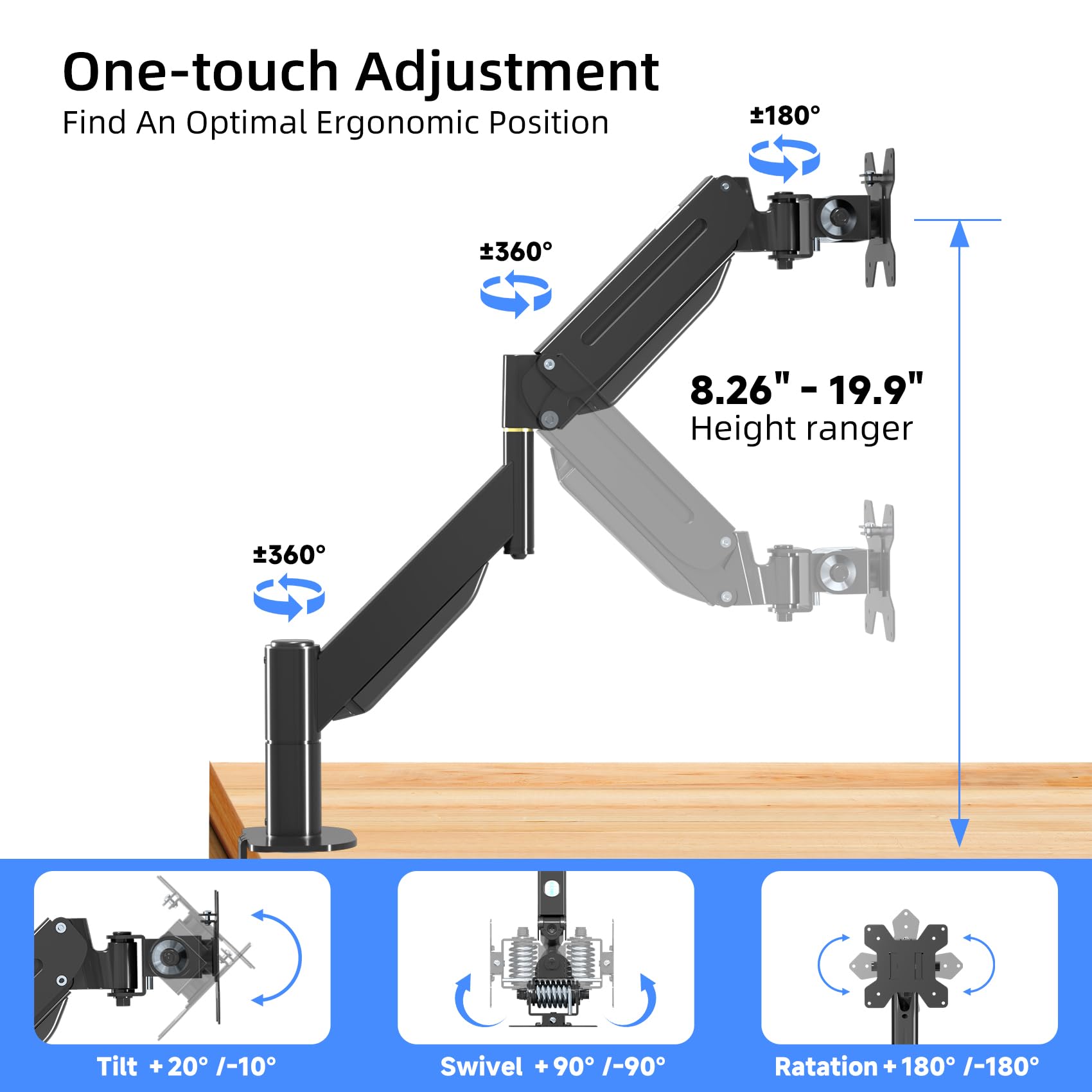 HILLPORT 43 Ultrawide Monitor Arm Single Heavy Duty Desk Mount Computer Adjustable Gas Spring Stand for 17 to 46 inch, Screen up to 30lbs with VESA 75x75mm or 100x100mm M7B