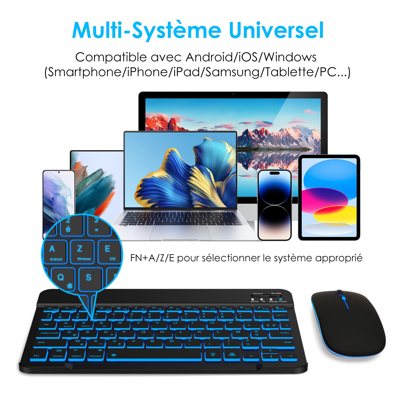 LAMA Clavier et Souris sans Fil rétroéclairés 7 Couleurs, Clavier Universel Ultra Fin Rechargeable, Clavier Bluetooth Portable pour iPad/Tablette/iOS/Android/Windows/téléphone, Rétroéclairage Noir