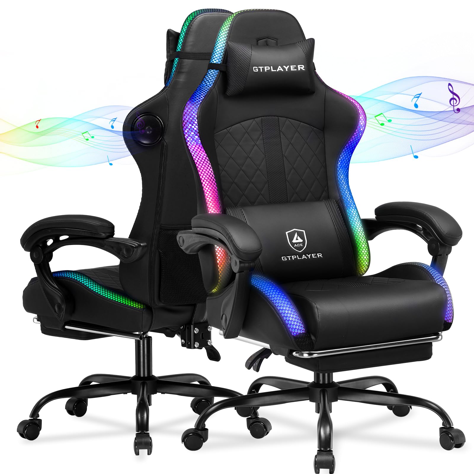 GTPLAYER RGB Gaming Chair with Speakers - LED Computer Game Chair for Adults, PC Home Office Chairs with Footrest & Lights, Reclining Desk Chairs,