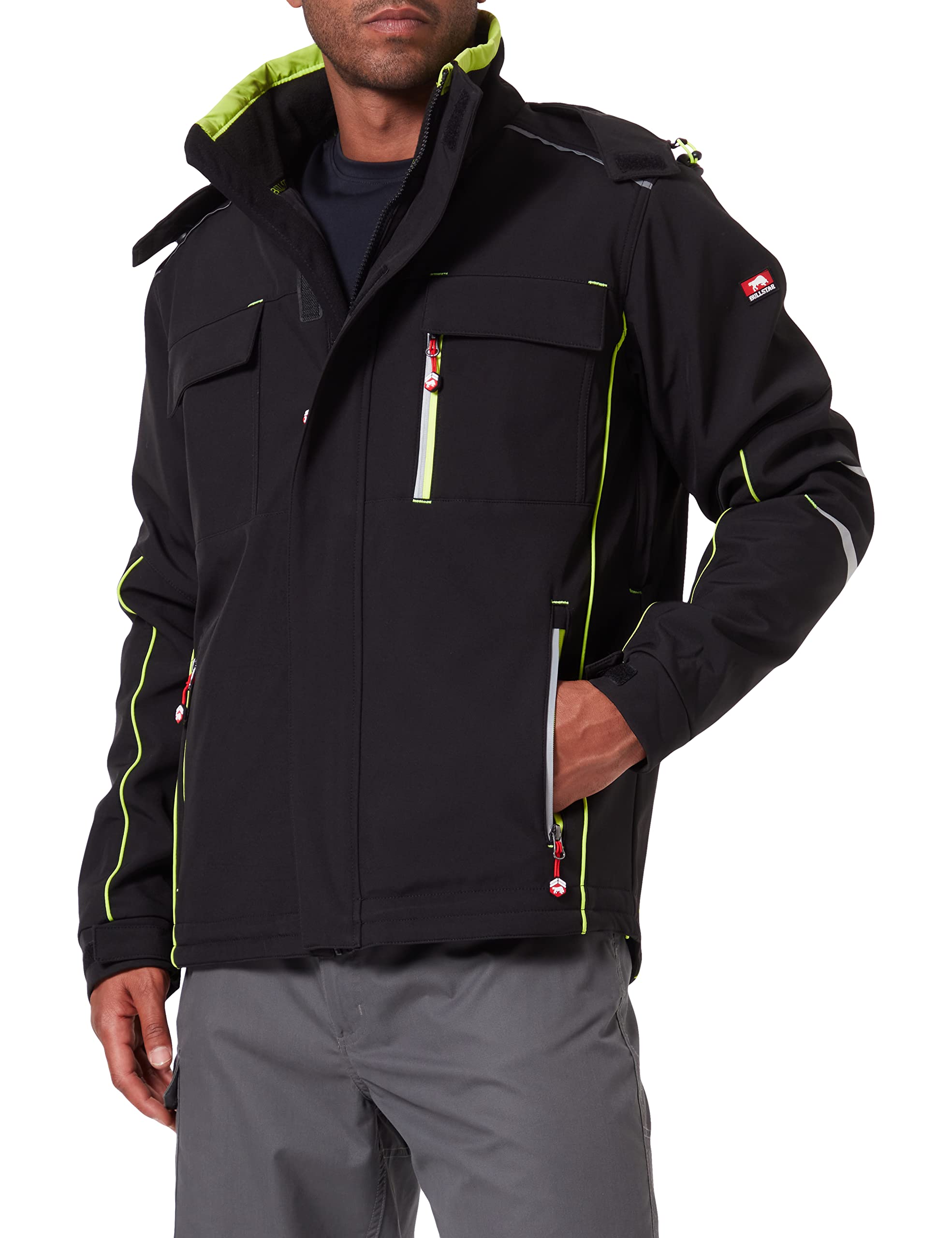 Bullstar Thermo-Softshelljacke ULTRA (Farbe schwarz, Größe M, Funktionsjacke für jedes Wetter, mit Kaputze, Arbeitskleidung) 9342-0-100-M