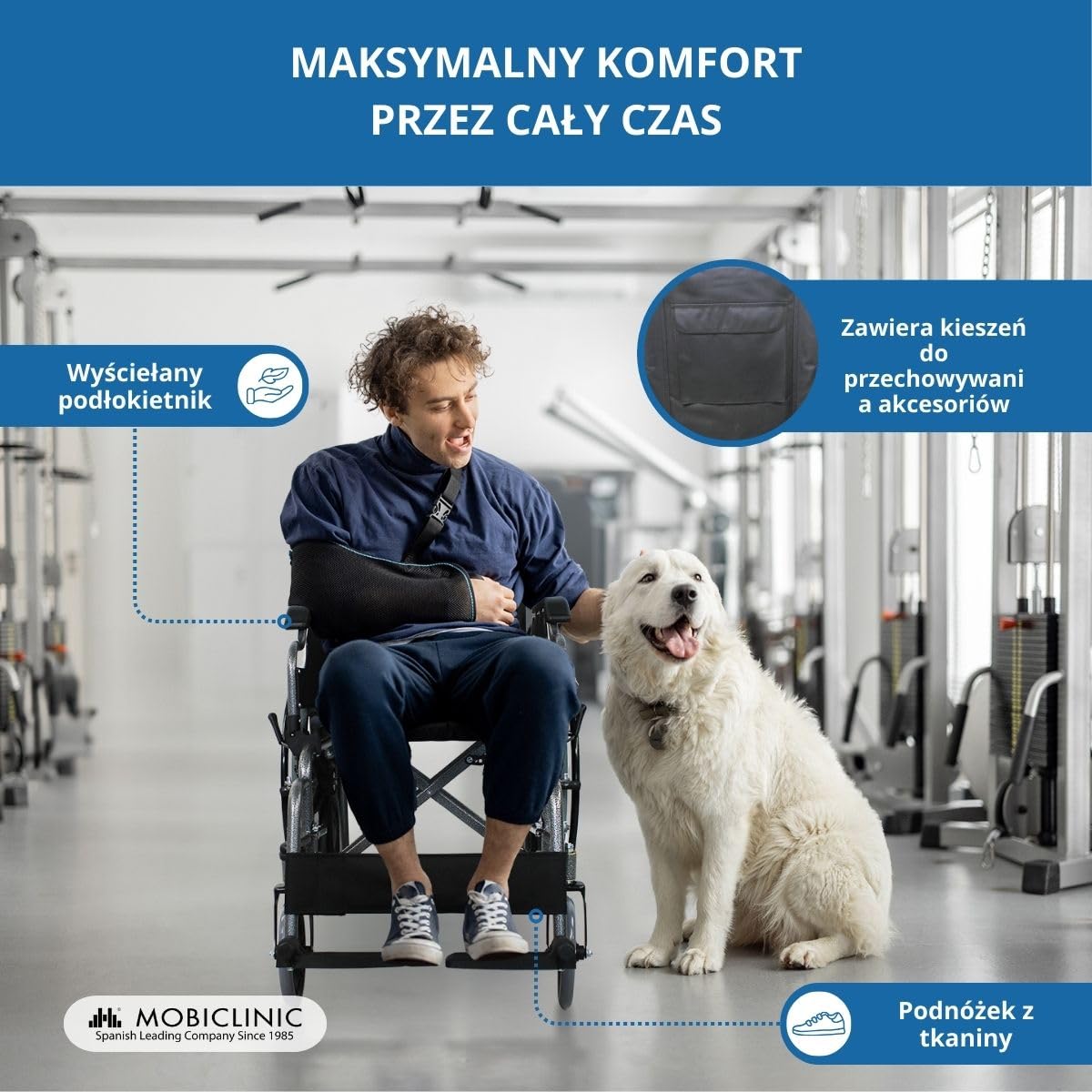 Mobiclinic, Giralda, składany wózek inwalidzki, ortopedyczny, dla niepełnosprawnych, aluminium, zdejmowany podnóżek i składane podłokietniki, czarny, siedzisko 46 cm, bardzo lekki