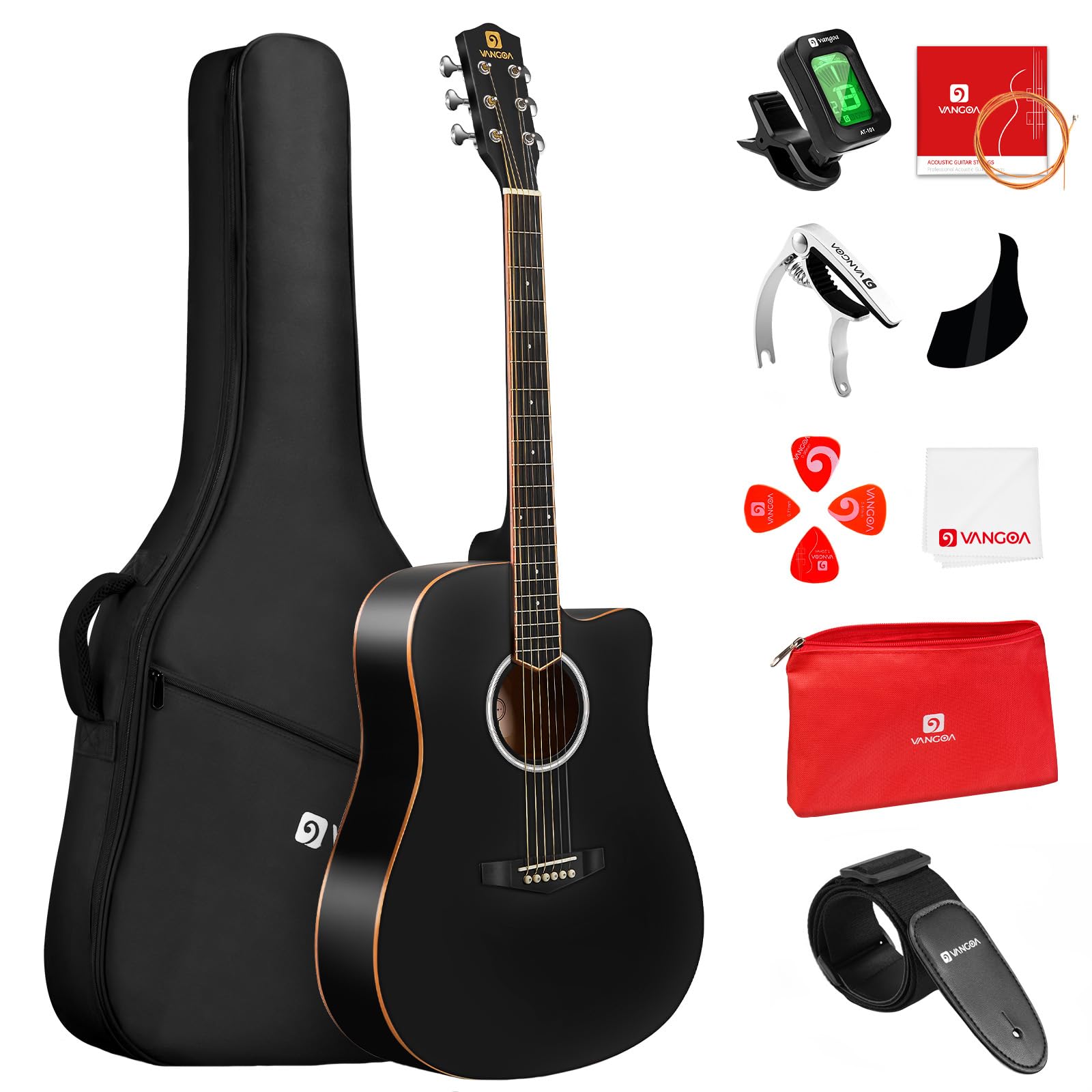 Vangoa 41" Acoustic Guitar Beginner Kit Sitka Spruce Top, Matte Black