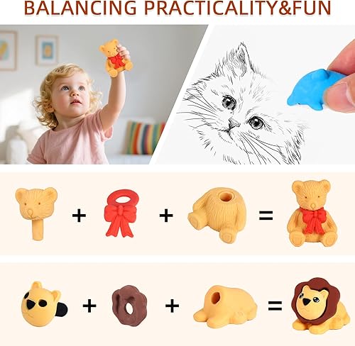 Miniatura 6 de URSKYTOUS 90 piezas de borradores de animales a granel, lindas mascotas de escritorio, rompecabezas para niños, borradores de rompecabezas para