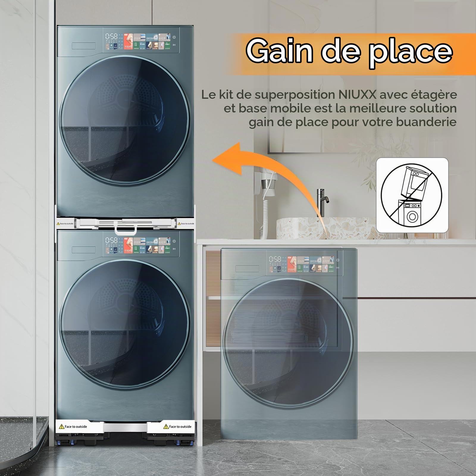 NIUXX Kit universel d'empilage et socle mobile pour sèche-linge et lave-linge, taille réglable avec corde à cliquet et supports de séchage extensibles pour lave-linge et sèche-linge gain de place