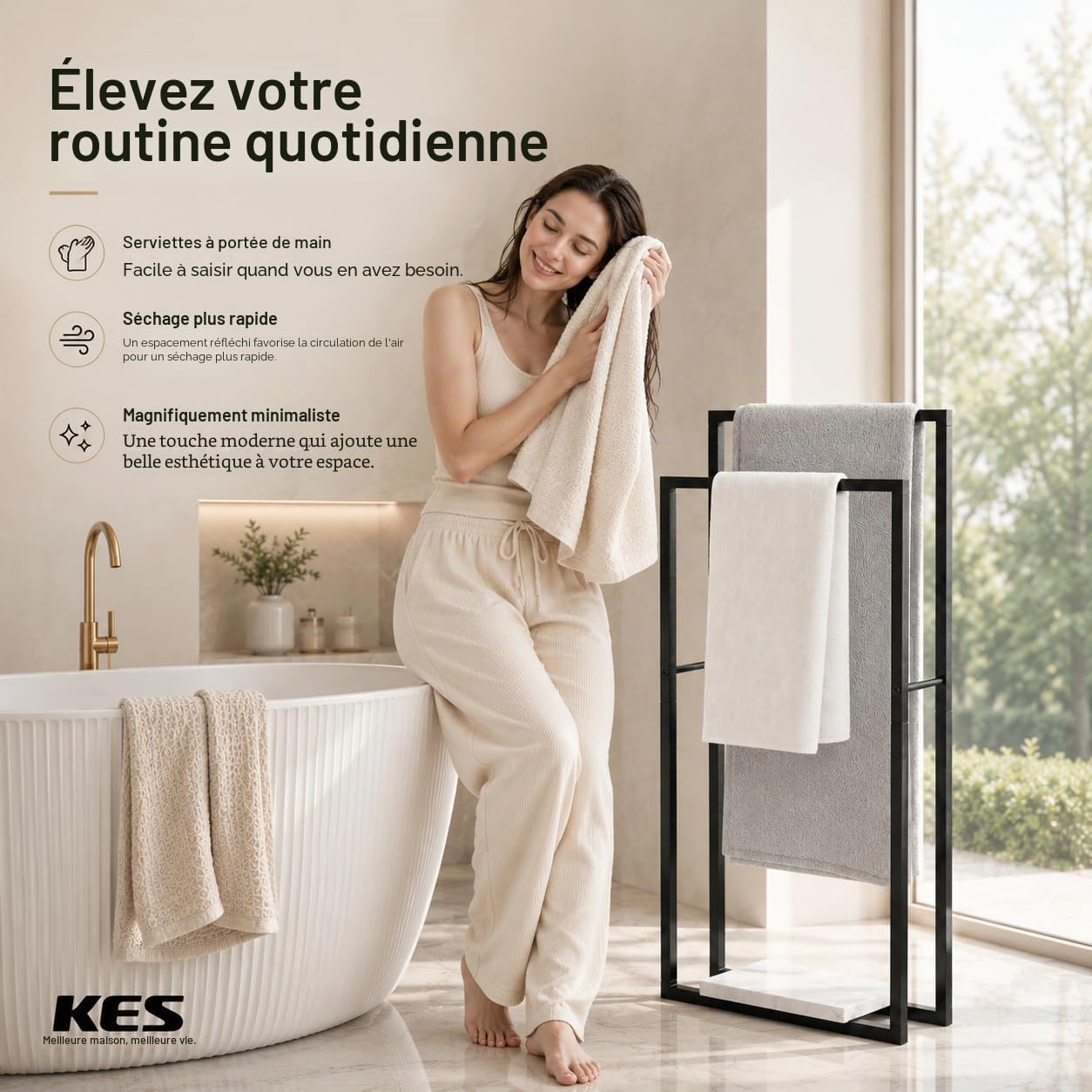 KES Porte-Serviettes sur Pied Noir, Double Porte-Serviettes Salle de Bain Porte Serviette avec Base en Marbre Barre Seche Serviette, BTH501-BK