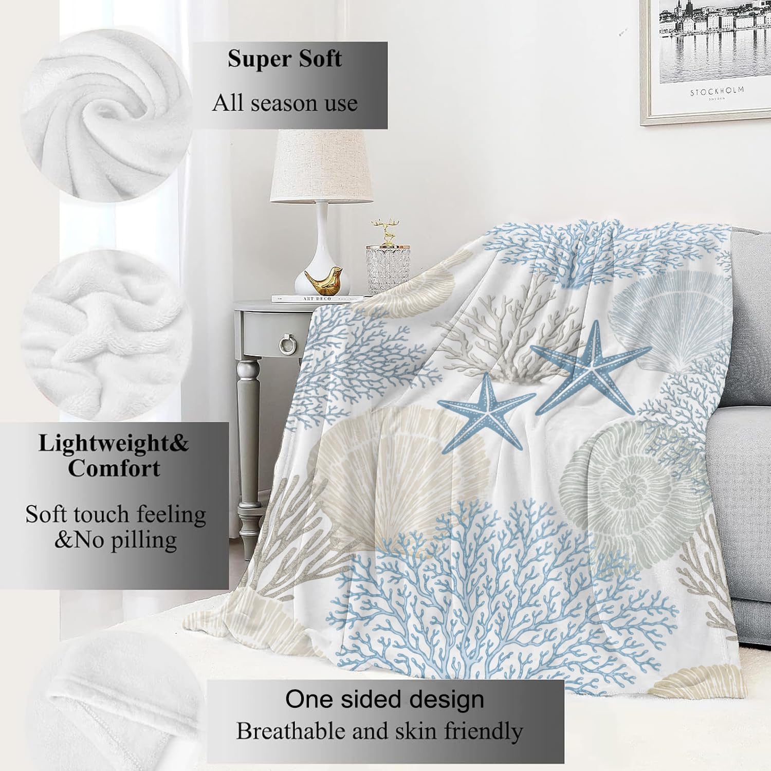 Nautical Beach Flannel Throw Blanket 50x60 Inch, Blue Beige Coral Seashell Starfish Ocean Decor, Soft Sea Fleece Blankets for Sofa Couch Bedroom, Coastal Home Decorative Gifts for Marine Lovers