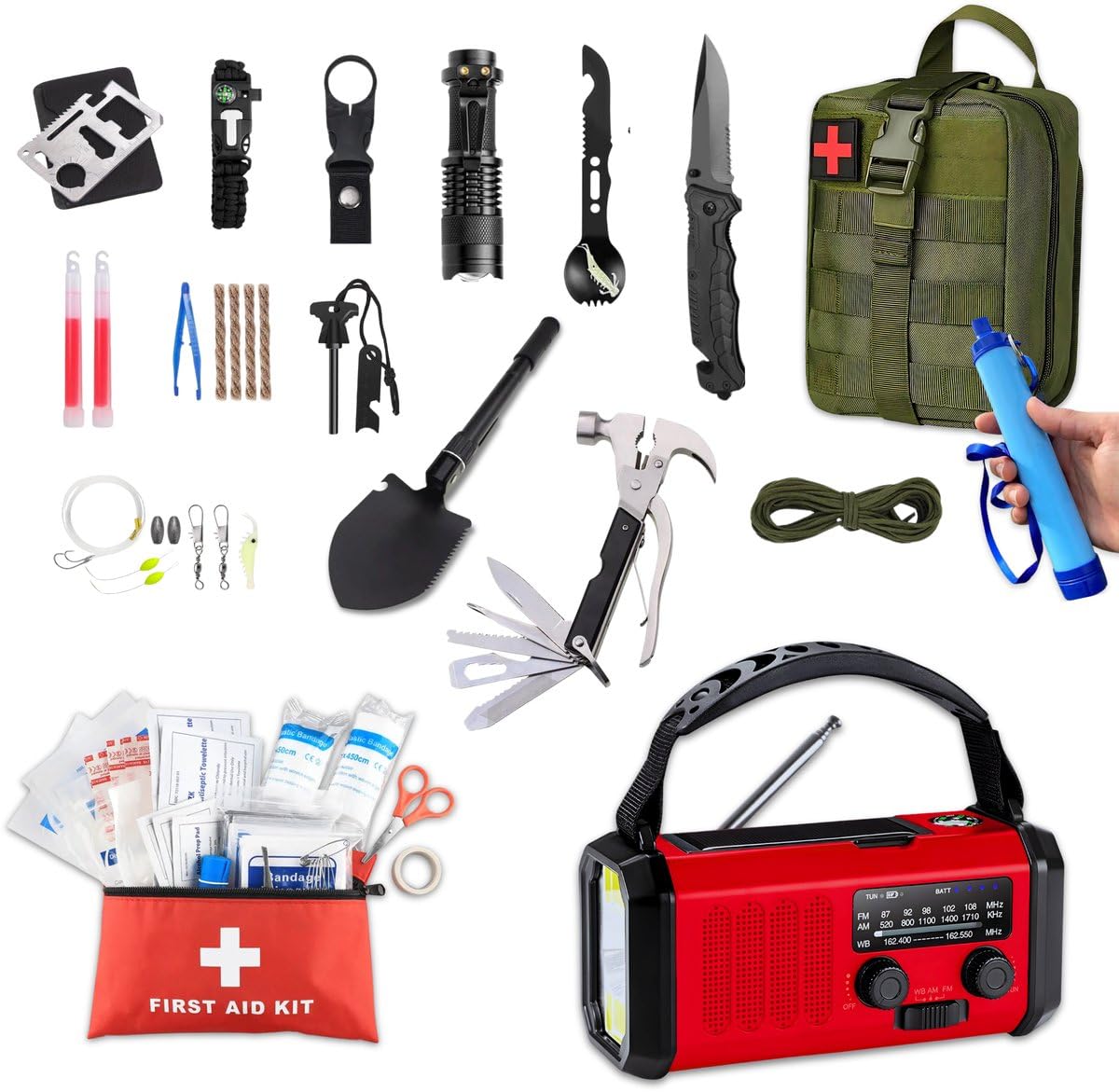DreamGoods Notfall-Paket - Komplettpaket - 72+ Stunden Überlebenspaket - Stromausfall, Krieg & Notfälle - Katastrophenrucksack - Survival Kit - Notfallradio solar aufziehbar - Notfallbeutel - Messer