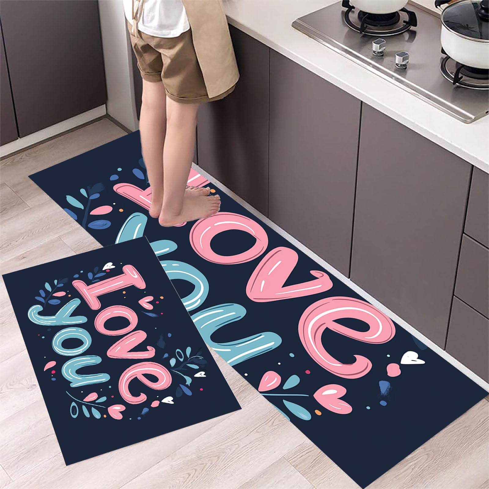 I Love You Kitchen Rug Sets, 2 Piece Non Slip Kitchen Mats Cute Cursive Font Runner Set with Rubber Backing Super Absorbable Washable Floor Mats 40x60cm+40x120cmNavy Blue