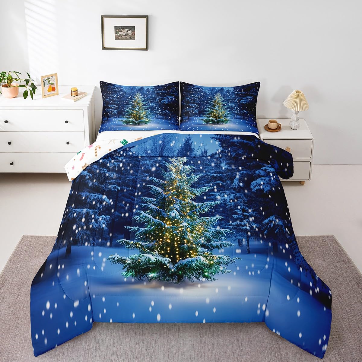 Set copripiumino singolo con albero di Natale, per ragazzi, ragazze, bambini, biancheria da letto a tema invernale, 2 pezzi, set di biancheria da letto con scritta "Happy New Year", set copripiumino a