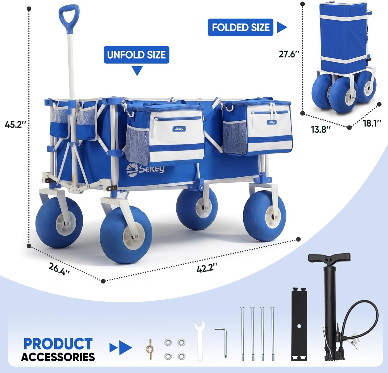 Sekey Heavy Duty Beach Wagon with 9 Big Sand-Proof Wheels, 300L Oversized Foldable Beach Cart with Cooler| Adjustable Handle & Balloon Tires for Sand, Camping,Vacation