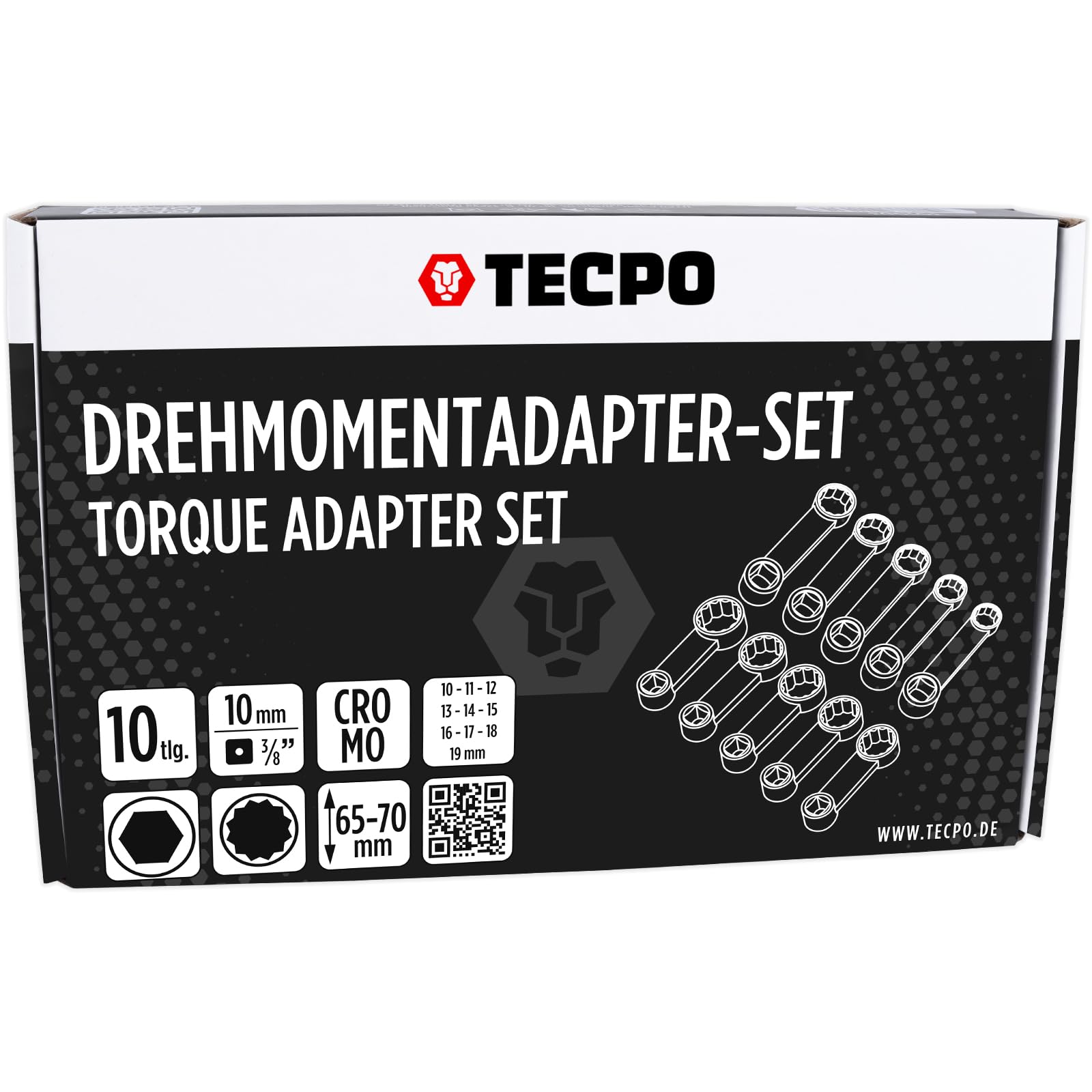 TECPO Lot de 10 adaptateurs de couple 3/8" avec rallonge à 12 pans pour clé polygonale de 10 à 19 mm, adaptateur de couple pour clé dynamométrique