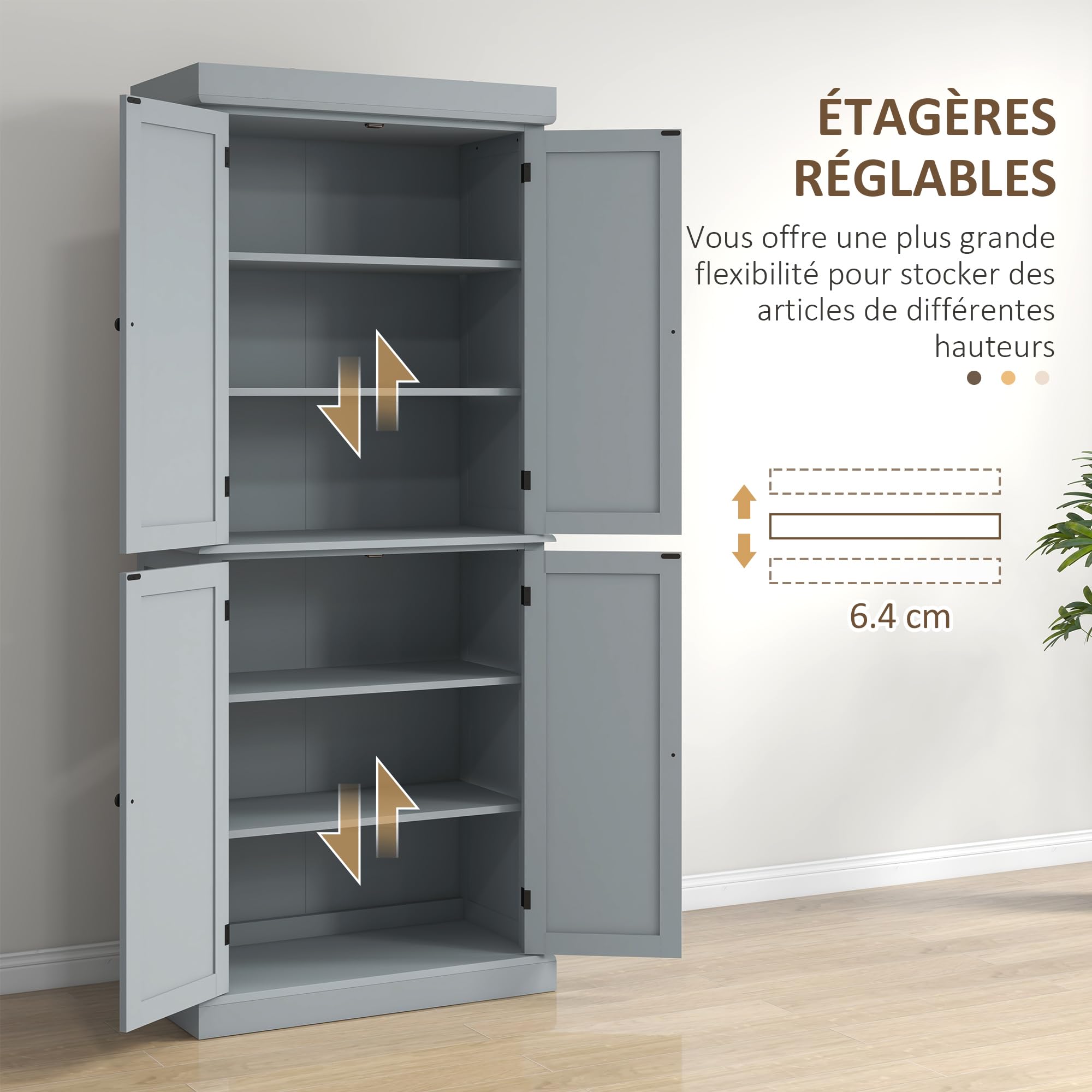 HOMCOM Armoire de Cuisine Vaisselier Style Moderne 76 x 40,5 x 184 cm Gris | Buffet Cuisine, Meuble de Rangement, avec Placards, Étagères Réglables, pour Salle à Manger, Salon