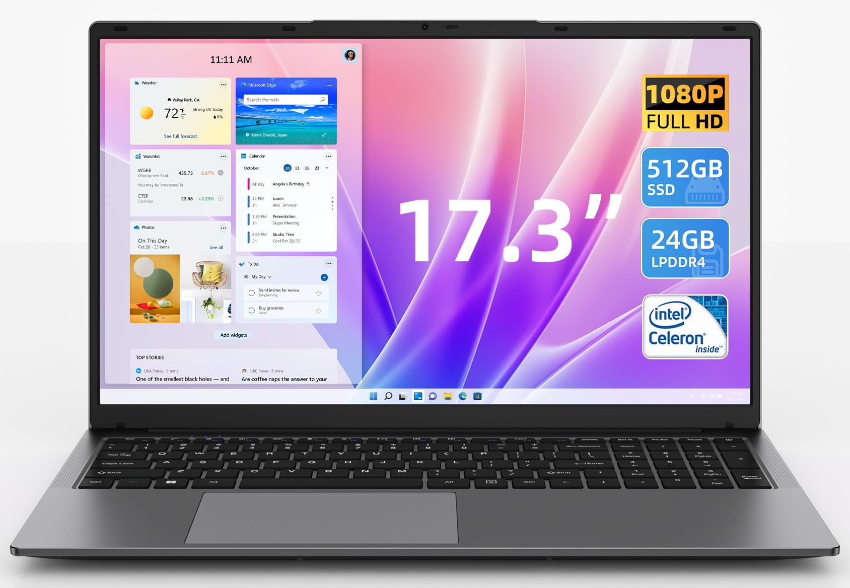 17.3 Inch Windows 11 Laptop Computer with 24GB RAM 512GB SSD, Celeron N5095 CPU(Up to 2.9GHz), 16:10 FHD IPS 1920x1200 Display, Bluetooth 5.0, USB 3.0, Type-C, Portable Business Student Laptops