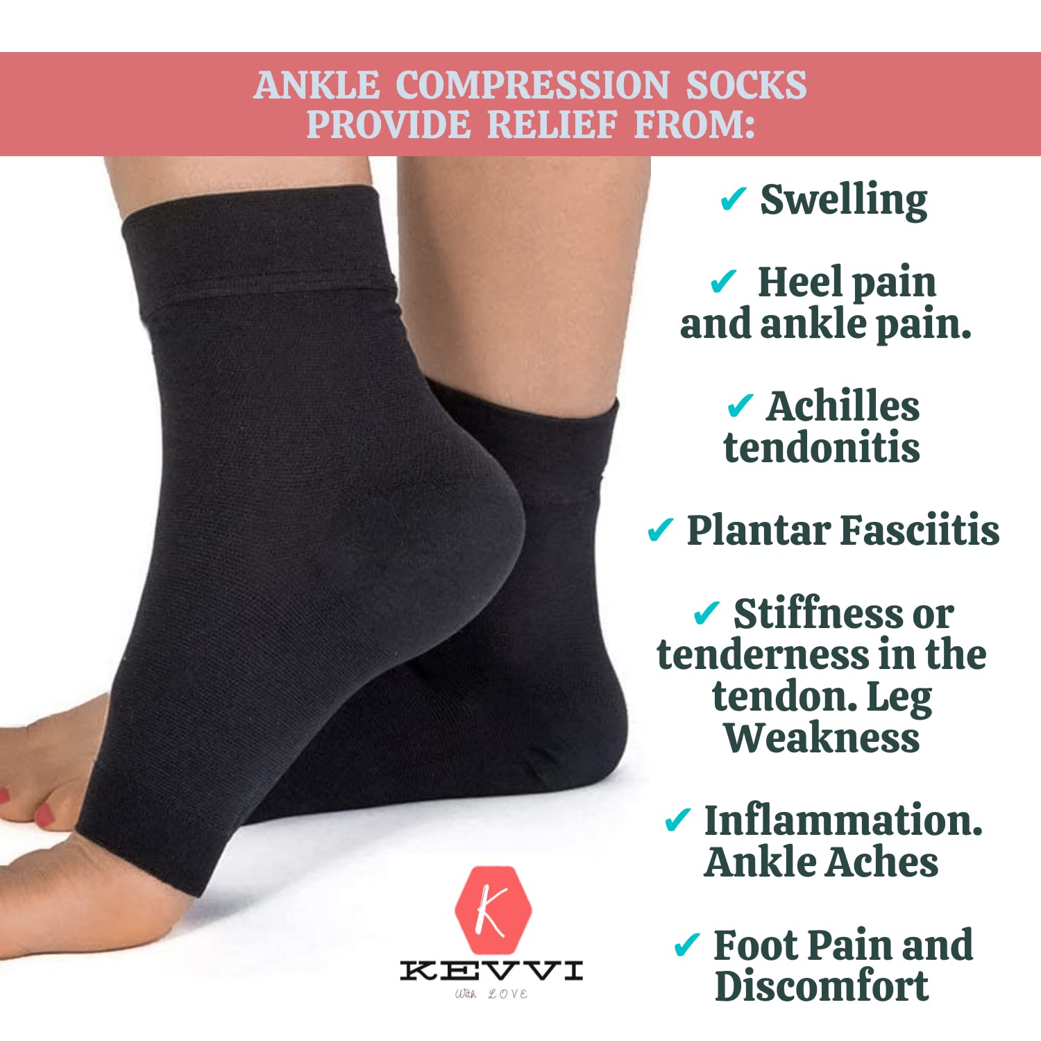 KEVVI Ankle Compression Socks - Relieve Foot Pain & Swelling - Open Toe - Unisex (Black, M)