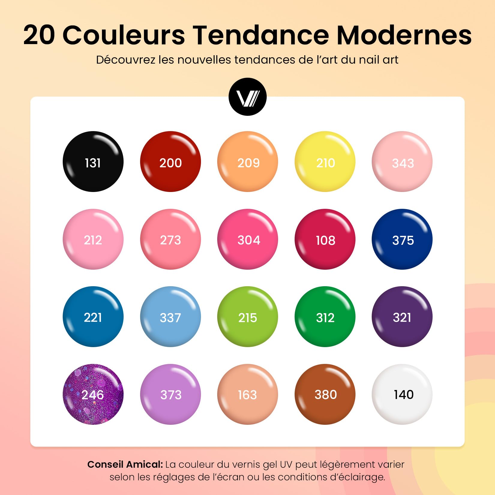 VANREESA Vernis Semi Permanent, 20 Couleurs Noir Rouge Blanc Rose Jaune Bleu Vernis Gel UV Semi Permanent avec Base Top Mat Coat Pailleté, Kit Manucure Cadeau pour Débutants