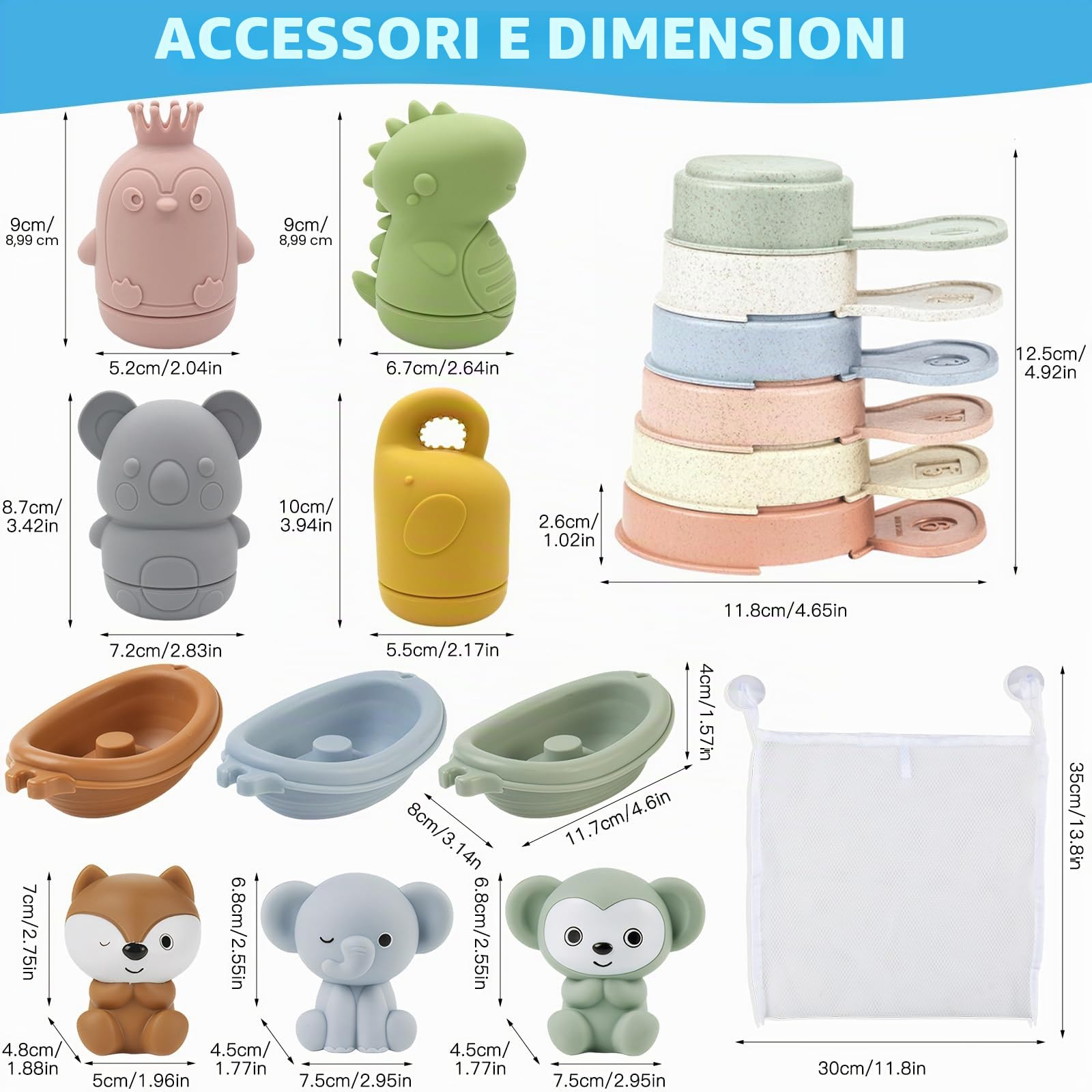 Giocattoli da Bagno Bambini, Giochi Bagnetto, Giocattoli Animali in Silicone con Barchette da Bagno Impilabili e Cucchiaio, Giochi Acqua Giocattolo Che Nuota Giochi Vasca da Bagno Bambini 1 2 3 4 Anni