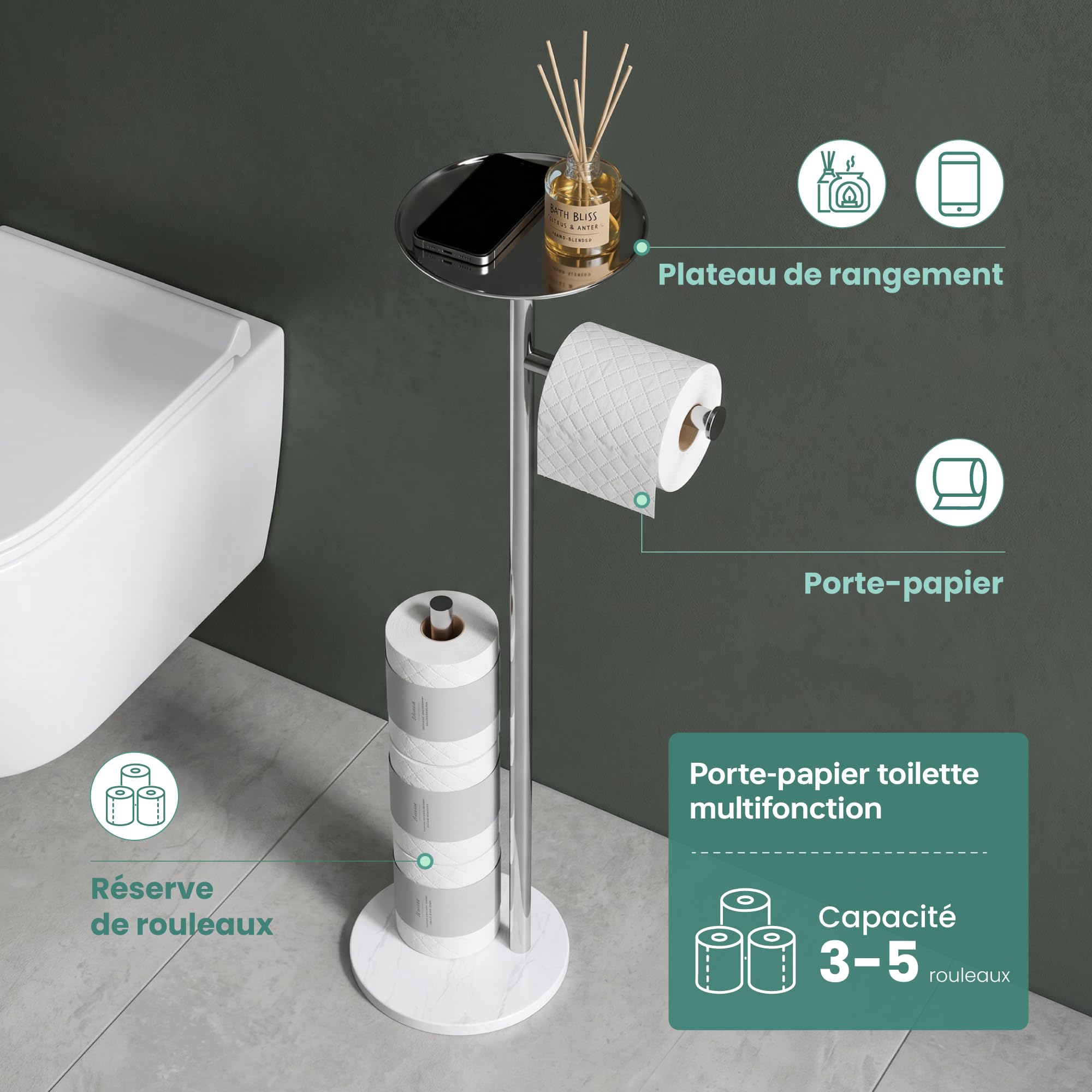 Mai & Mai Porte-Papier Toilette sur Pied Salle de Bain Rangement WC Chromé