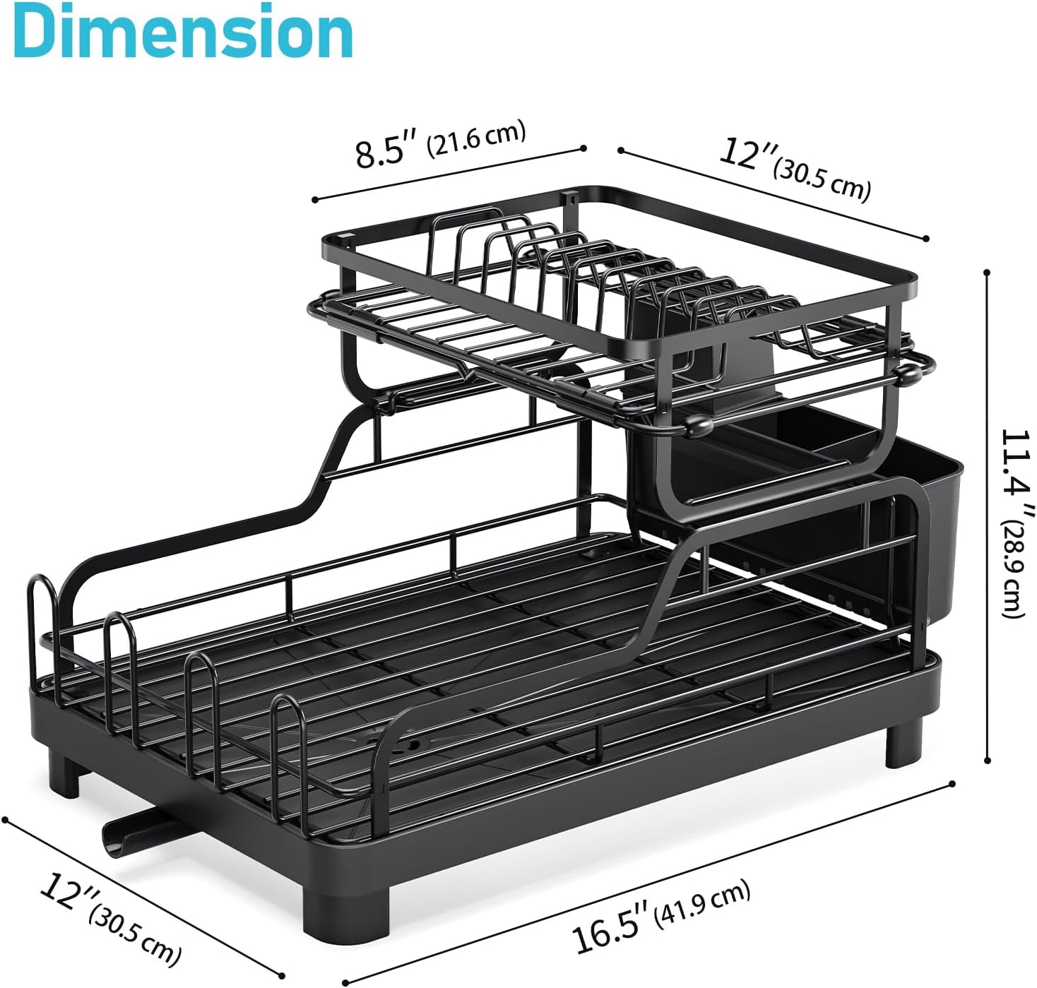 TOOLF Dish Drying Rack,2 Tier Dish Drying Rack with Large Drainboard,Dish Racks for Kitchen Counter and Sink,Stainless Steel Dish Drainers with Cup ＆ Utensil Holders,Black