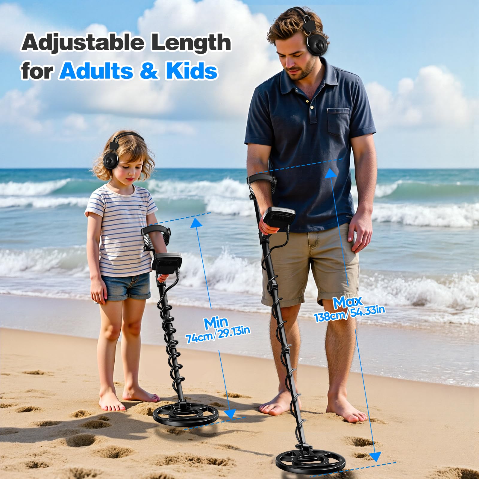 Détecteur de métaux pour Adultes et Enfants, Longueur, sensibilité et Audio réglables, Tous Les Modes métal/Disc/PP, écran LCD, kit de détecteur d'or Professionnel pour la Plage (GT965H)
