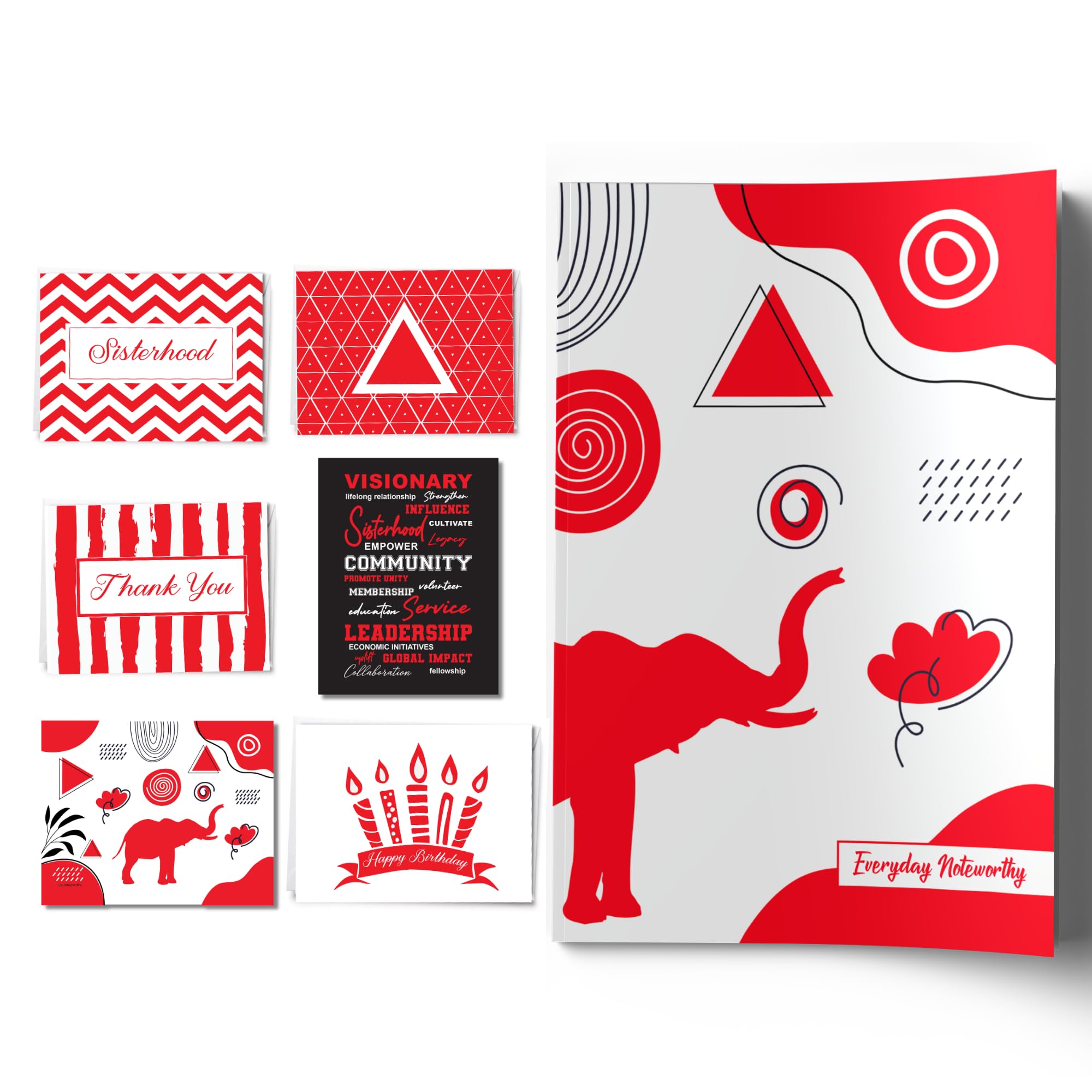 Red &amp; White Elephant Journal and 15 notecards |Sorority Inspired | Thank you, Birthday and Sisterhood greeting cards