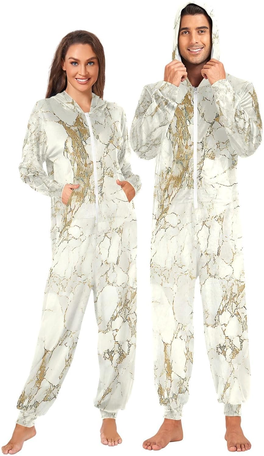 Marble Gold White Swirl Unisex Adult Onesie Pajamas Comfy One Piece Costume Jumpsuits Novelty Sleepwear Homewear for Men Women
