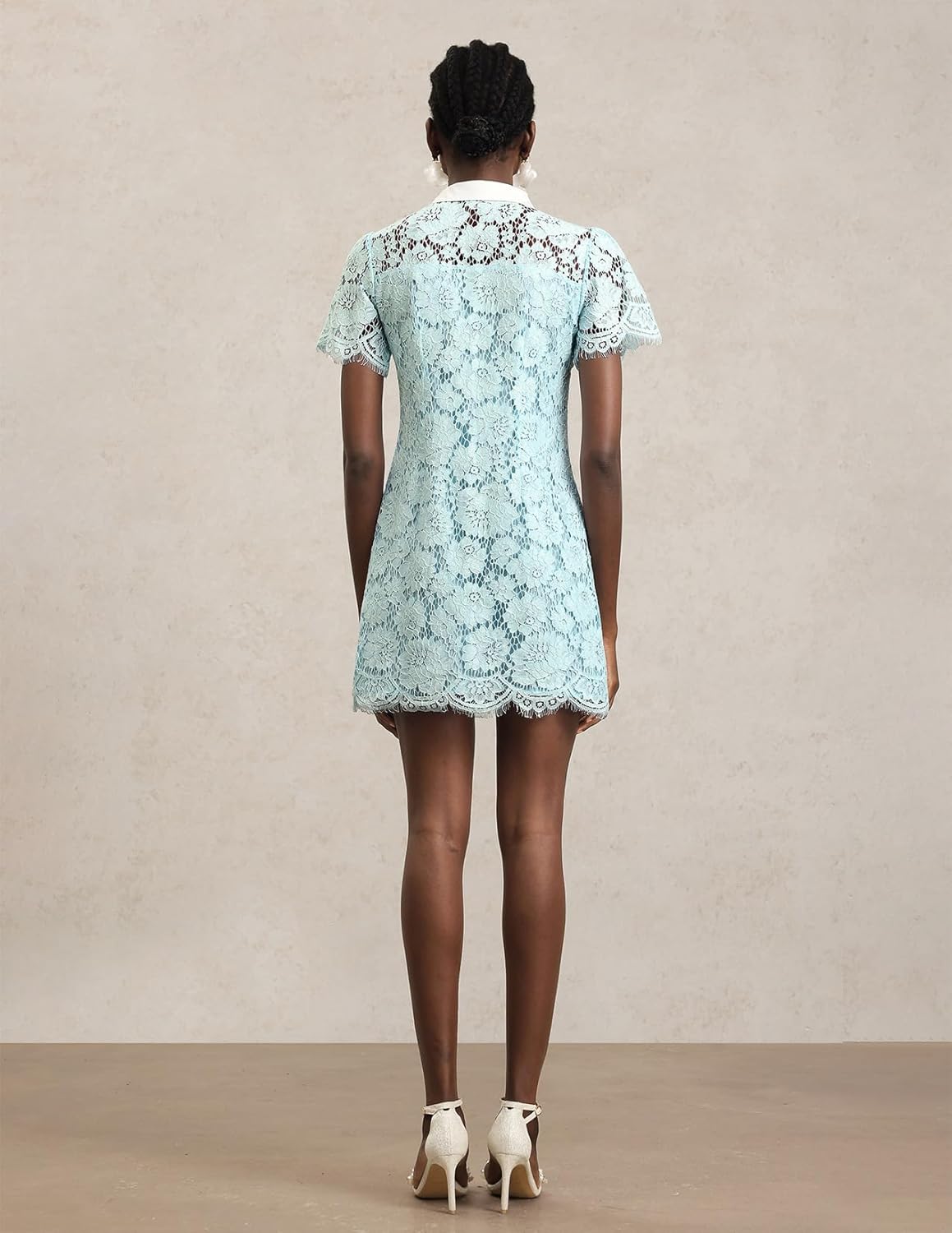 Lapel Short Sleeve Button Down See Through Ruffle Flowers Lace Dress Mini Summer Casual Date Night Dress