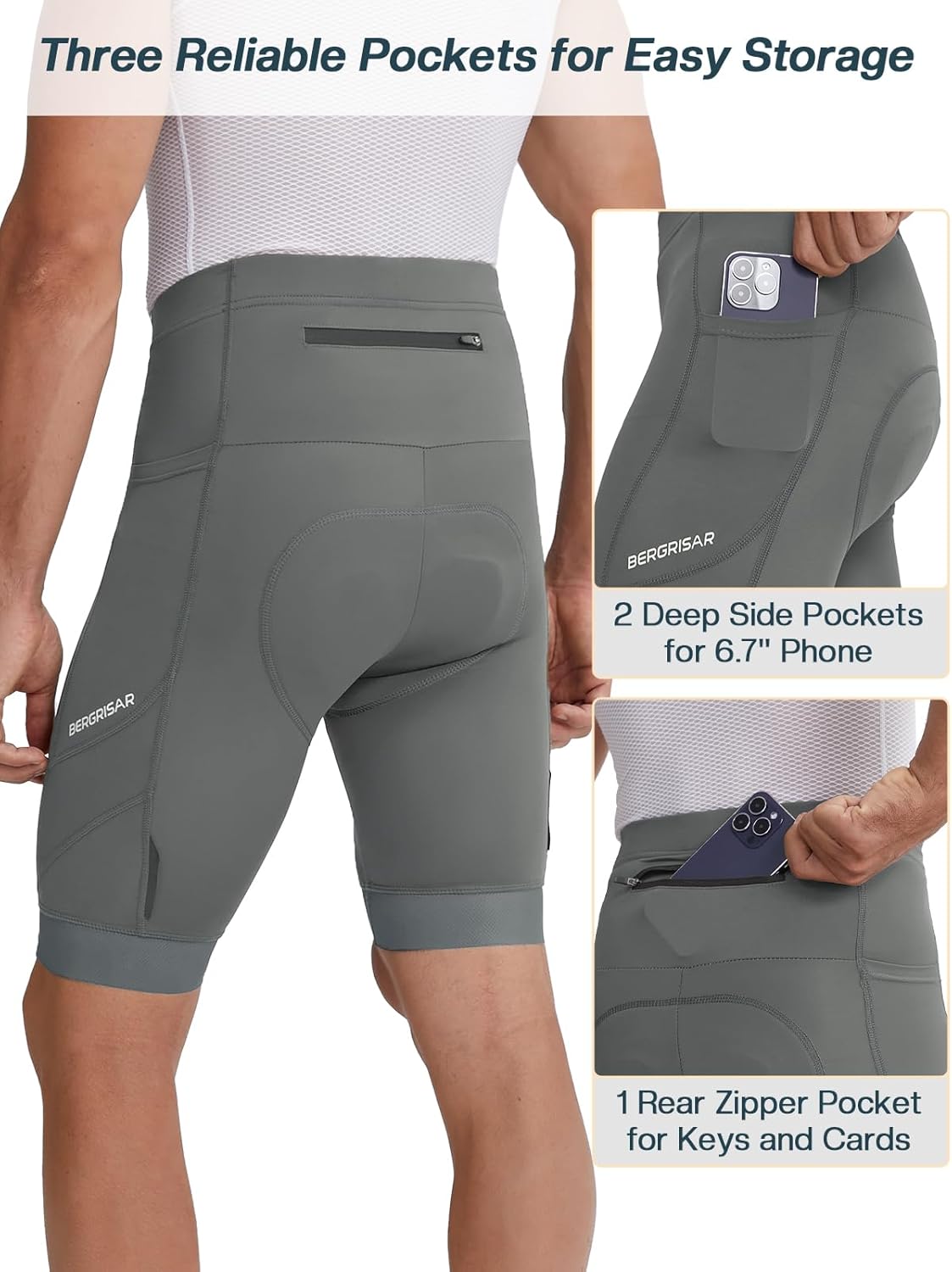 BERGRISAR Men's 4D Padded Bike Shorts Cycling Shorts with Zipper Pocket Biking Bicycle Shorts - Image 4