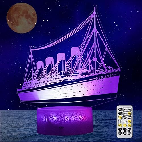 Luz nocturna 3D de barco, lámpara Titan para niños con control remoto 16 RGB ColorToys - Modelo de crucero Lámpara 3D Luz nocturna 3D para niños