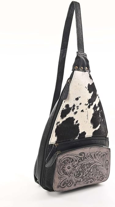 Serenade Sling Cowhide Hair on Crossbody Bag - Hand Tooled Unisex Sling Backpack