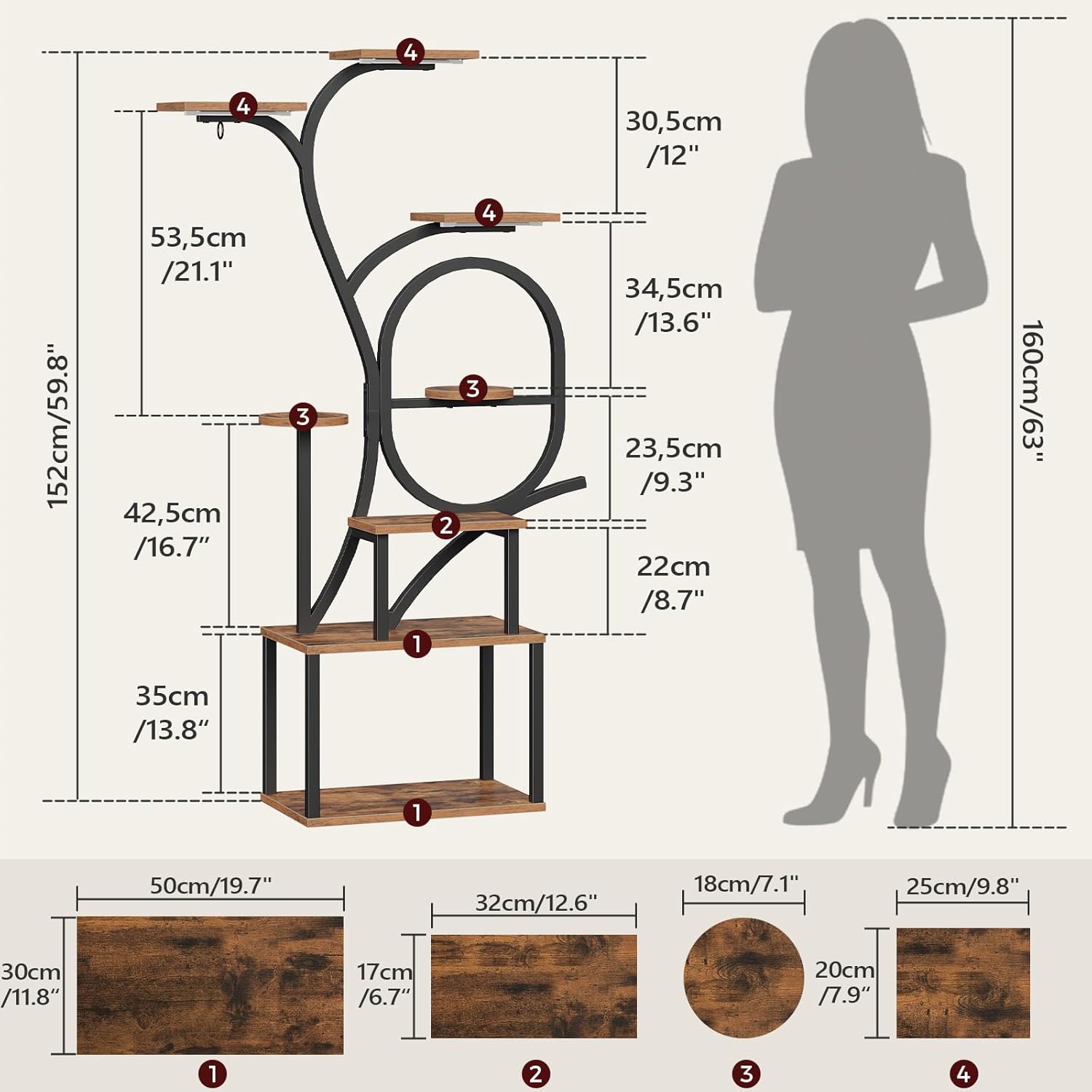 Diagram showing dimensions and numbered parts of the plant stand