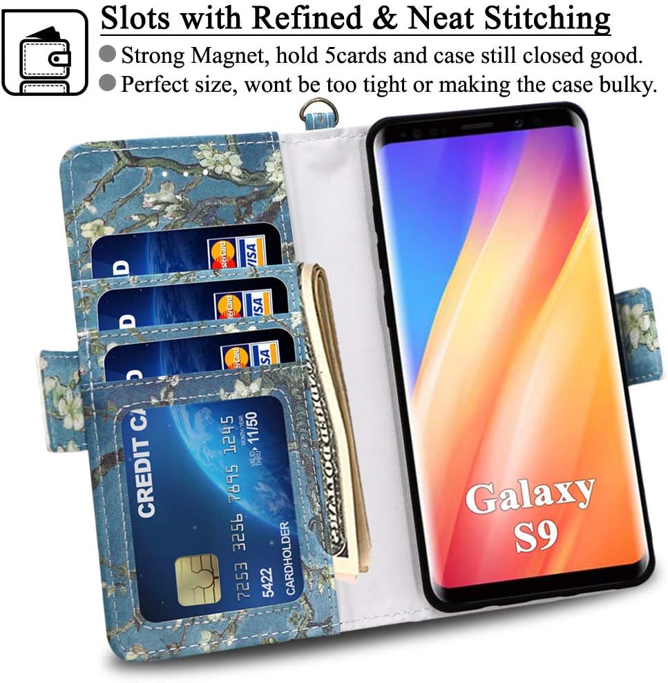 Mefon Galaxy S9 Wallet Case Leather Detachable, Durable Slim, Enhanced Magnetic Closure, with Wrist Strap, Card Slot, Kickstand, Luxury Flip Folio Phone Cases for Samsung Galaxy S9 5.8 (Blossom)