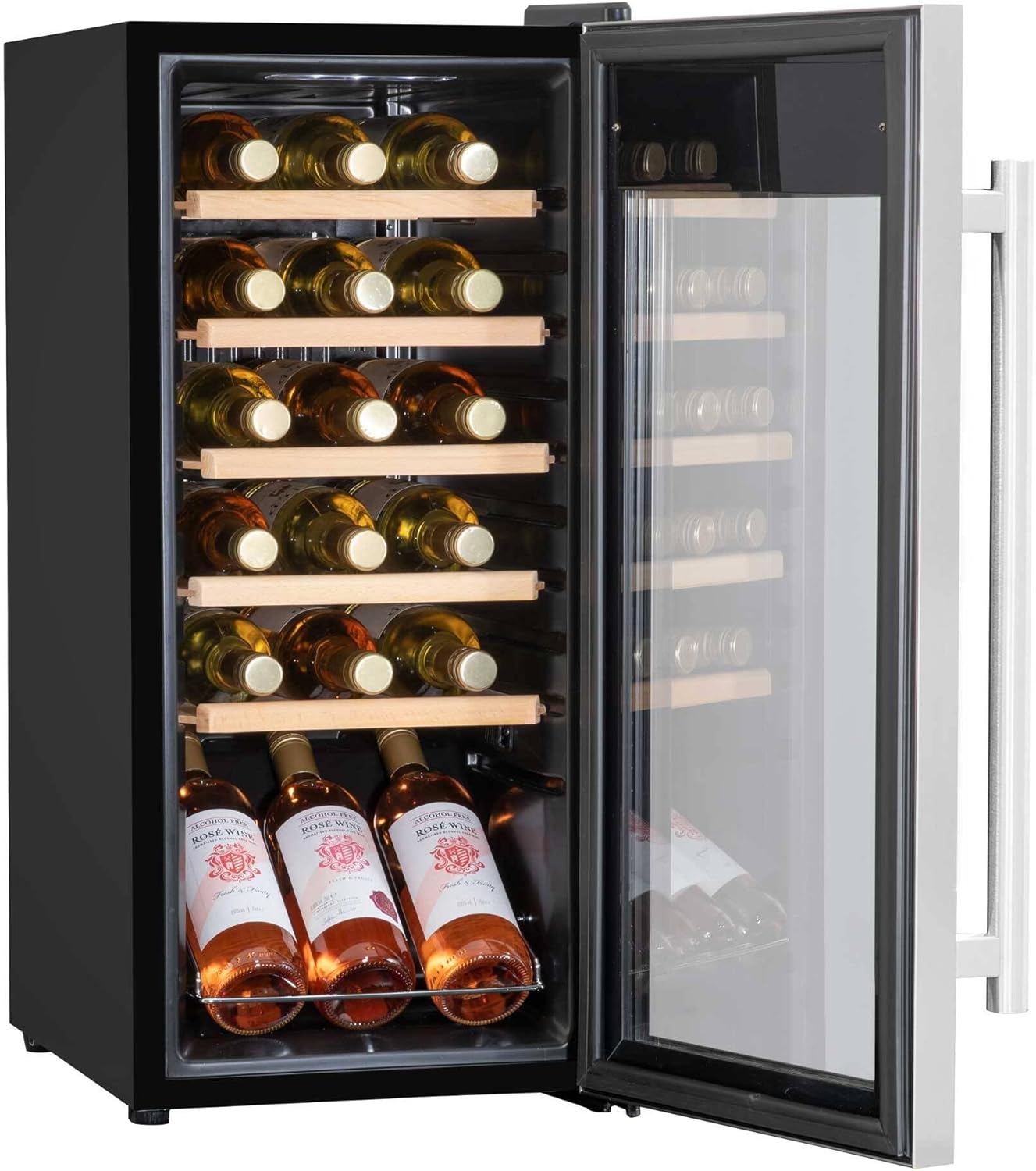 Baridi 18 Bottle Wine Cooler Fridge with door open, showing wooden shelves and bottle arrangement.