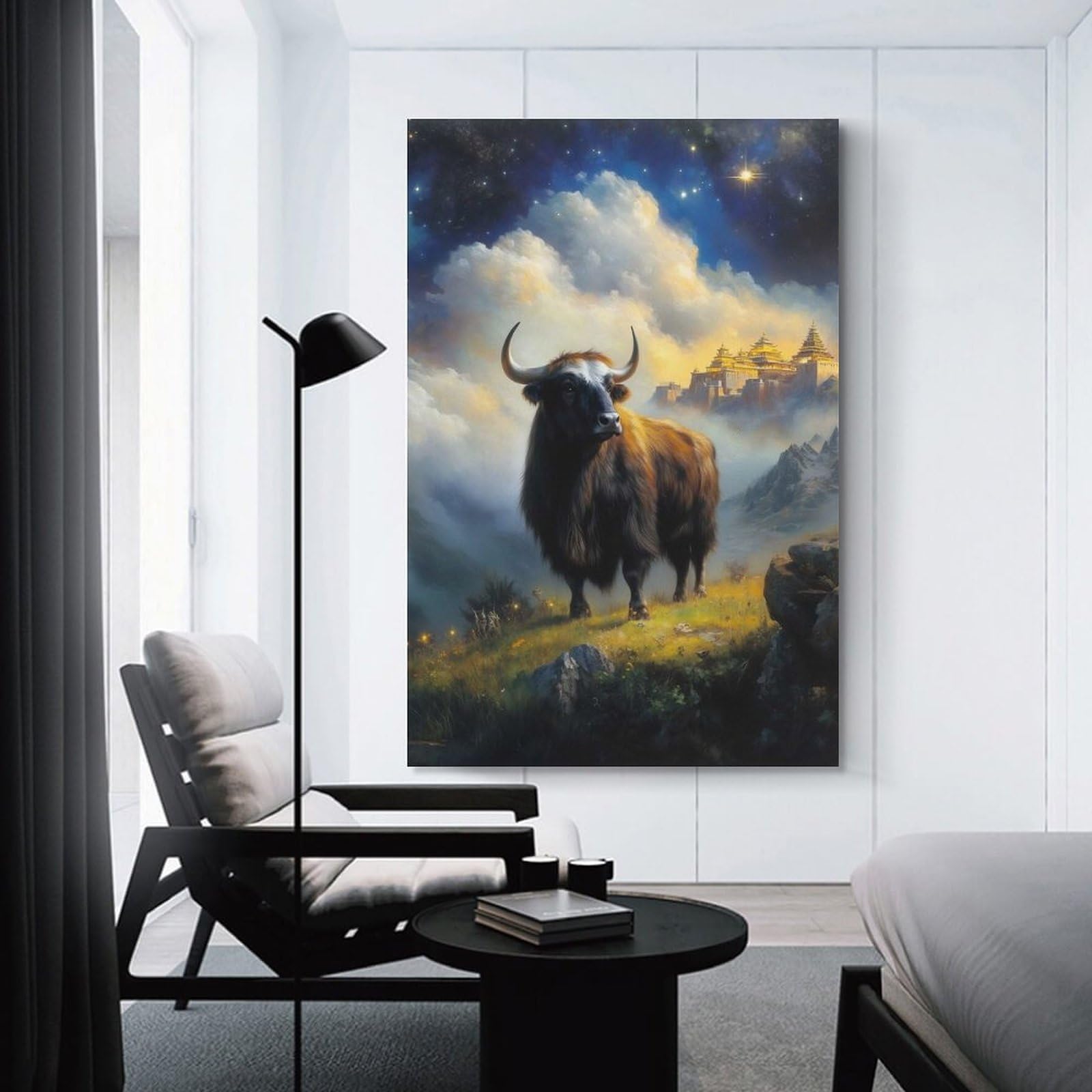 Junmoney Yak in Mountainous Landscape with Temple Canvas Art Print, 12x18inch(30x45cm), for Living Room, Bedroom, Office Or Hallway, Decorative Artwork with Broad Appeal