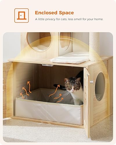 Miniatura 3 de Árbol para gatos con caja de arena, árbol moderno de 50 pulgadas para gatos grandes y gordos con condominio para gatos, muebles de madera para gatos