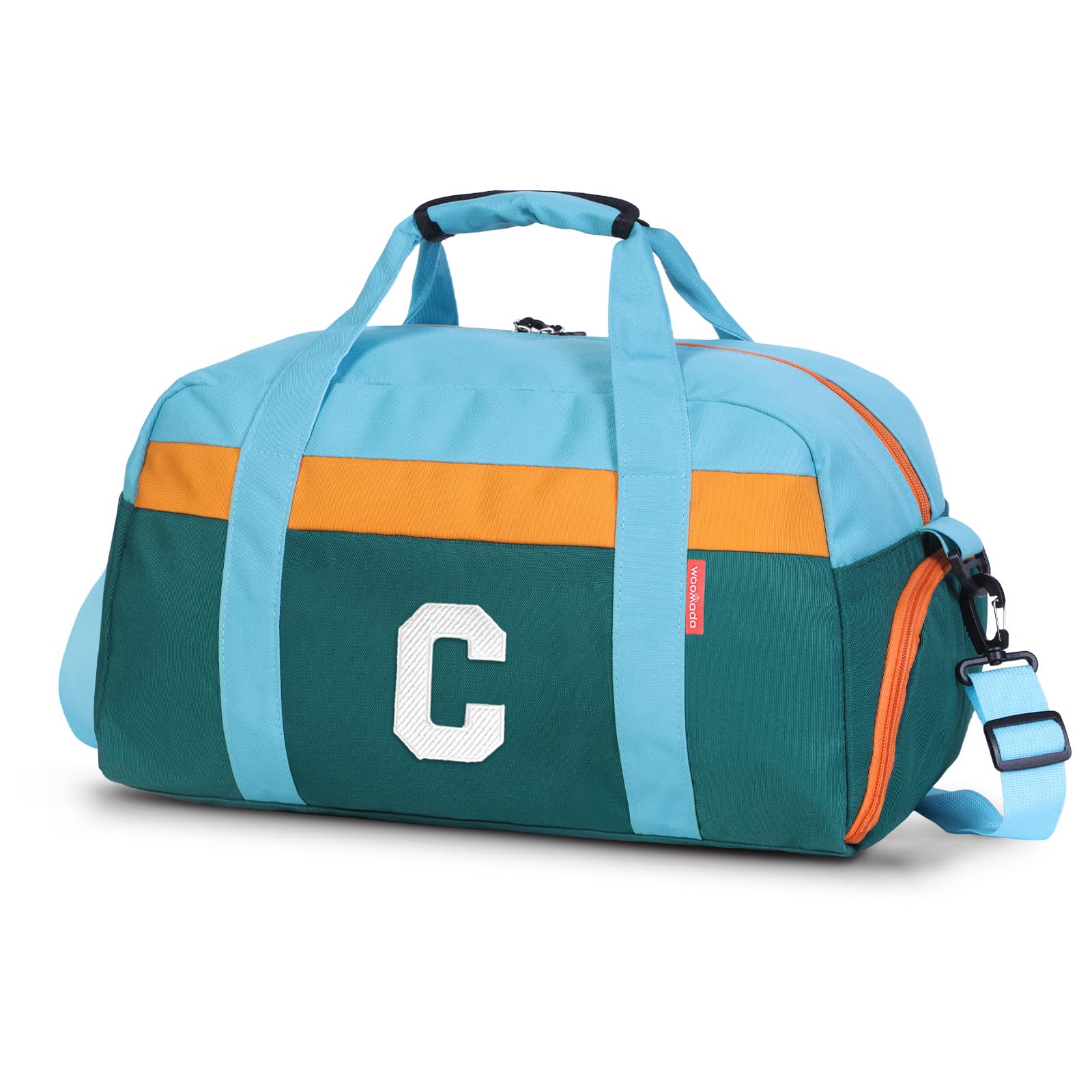 Initial Kids Duffle Bag for Boys or Girls, Kids Overnight Bag with Shoe Compartment, Personalized Weekender bags, Birthday Gifts for Women Boys Girls(Green Blue-Letter C)