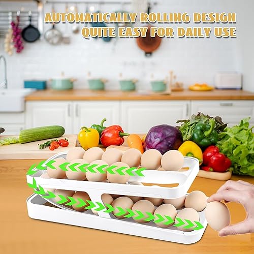 Miniatura 3 de Soporte para huevos para refrigerador, dispensador automático de huevos para refrigerador, contenedor de almacenamiento de huevos de 2 niveles para