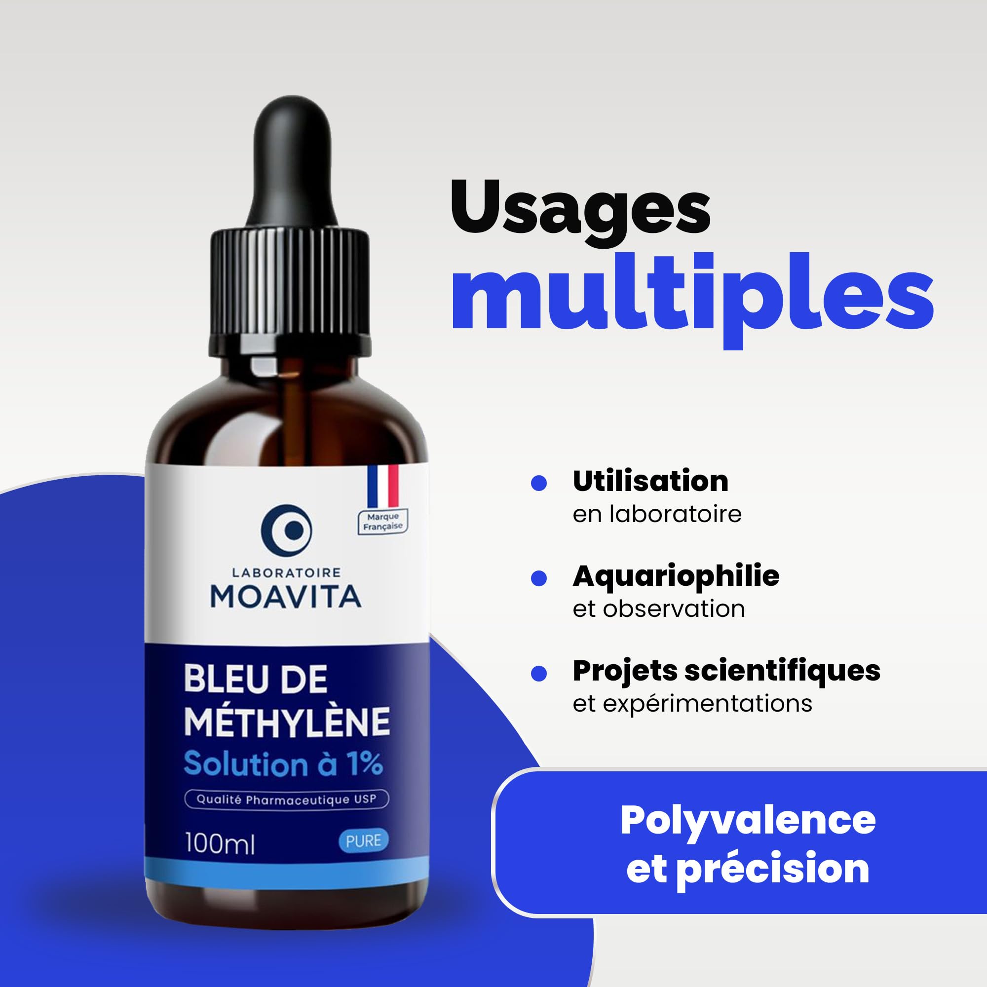 Bleu de Méthylène 1% – Lot de 2 x 100ml (200ml) - Solution Pure | Ultra Haute Pureté USP ≥99% | Fabriqué et Testé en Allemagne | Flacon Verre Ambré avec Pipette